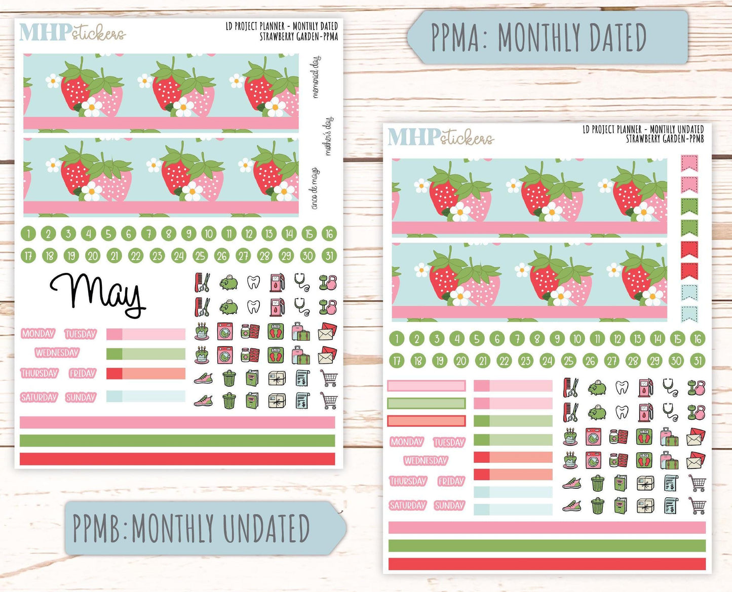 MAY Stickers for The Rose Large Laurel Denise Planner (Formerly Project Planner) "Strawberry Gardenr" || PPSG