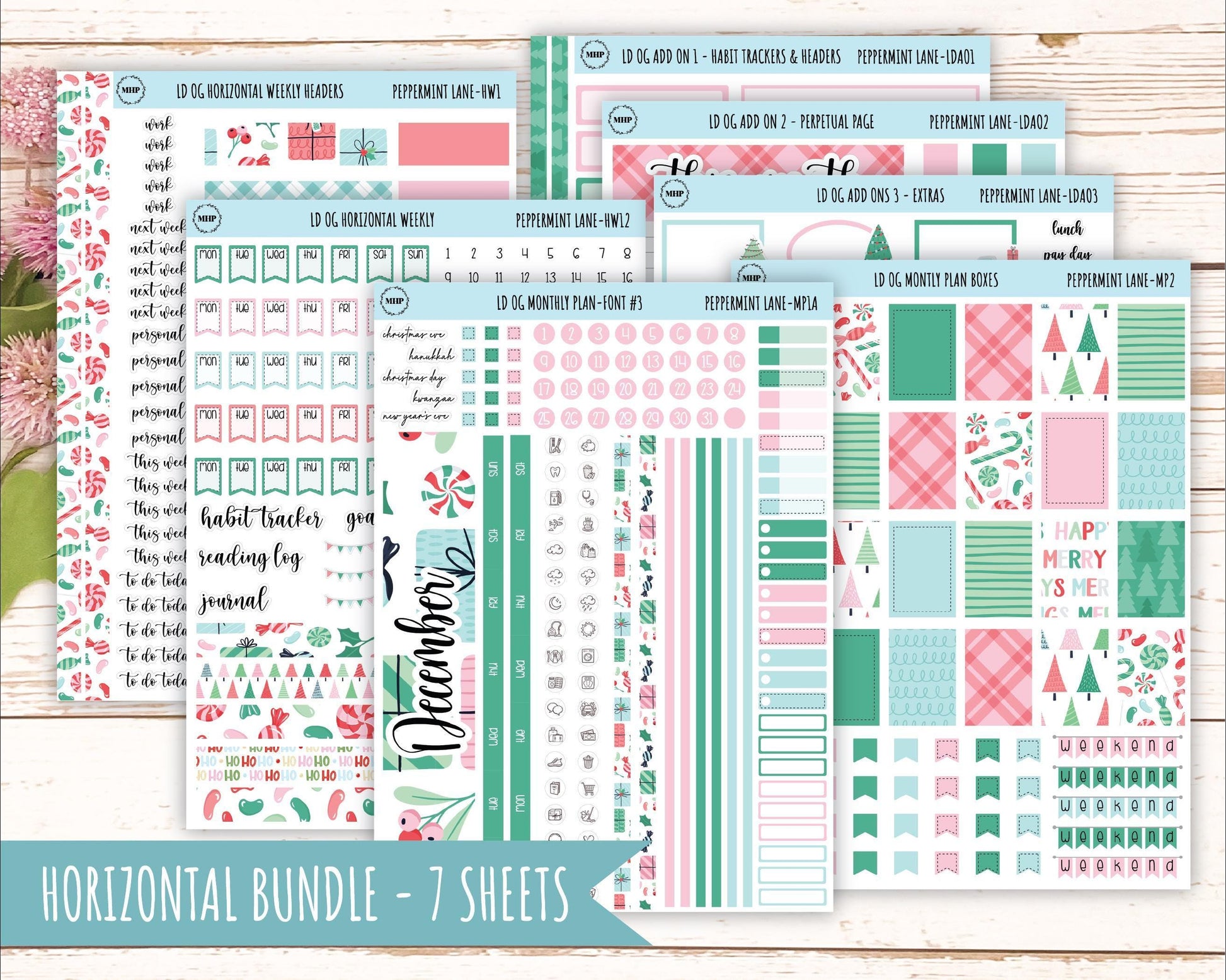 DECEMBER Stickers for Large size Horizontal & Vertical Laurel Denise Planner. (Formerly Original or Standar Size) "Peppermint Lane" || OGPL