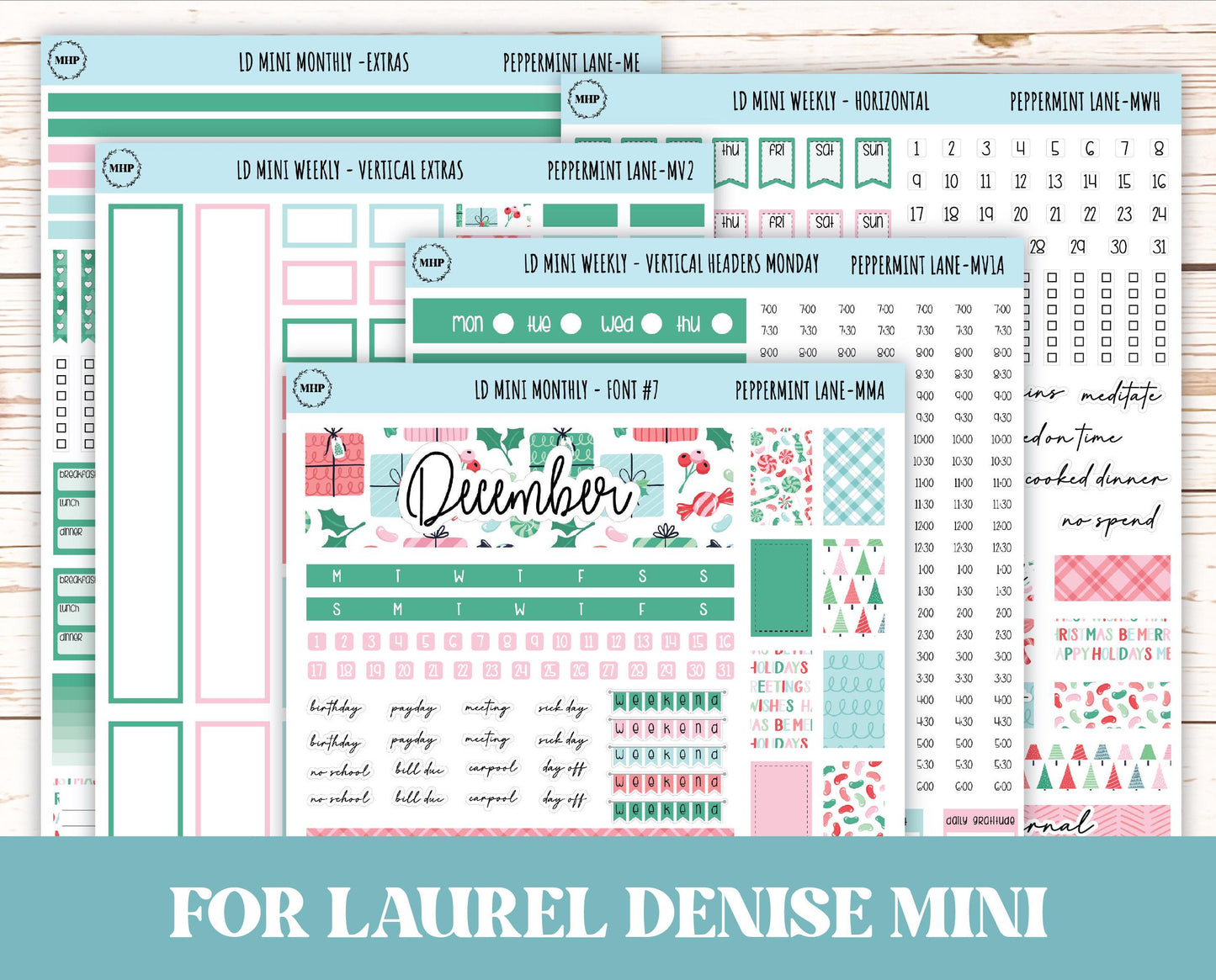 DECEMBER Stickers for Small Horizontal & Vertical Laurel Denise Planners. (Formerly Mini Planner) "Peppermint Lane" || MPL