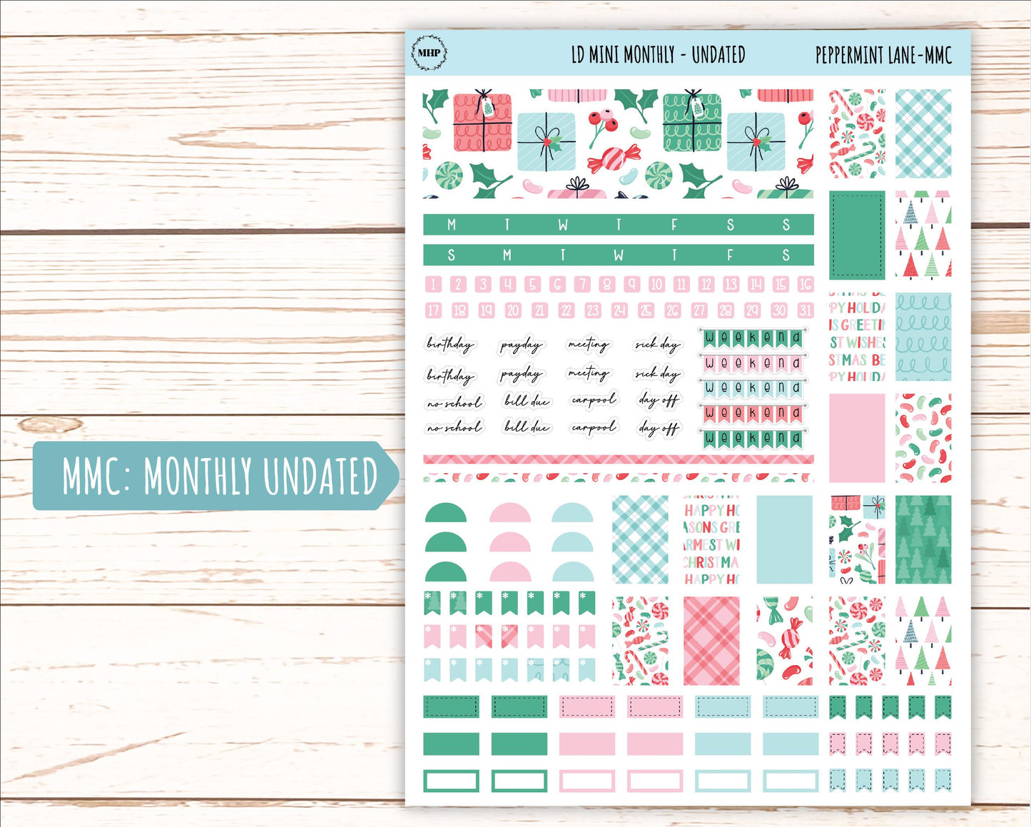 DECEMBER Stickers for Small Horizontal & Vertical Laurel Denise Planners. (Formerly Mini Planner) "Peppermint Lane" || MPL