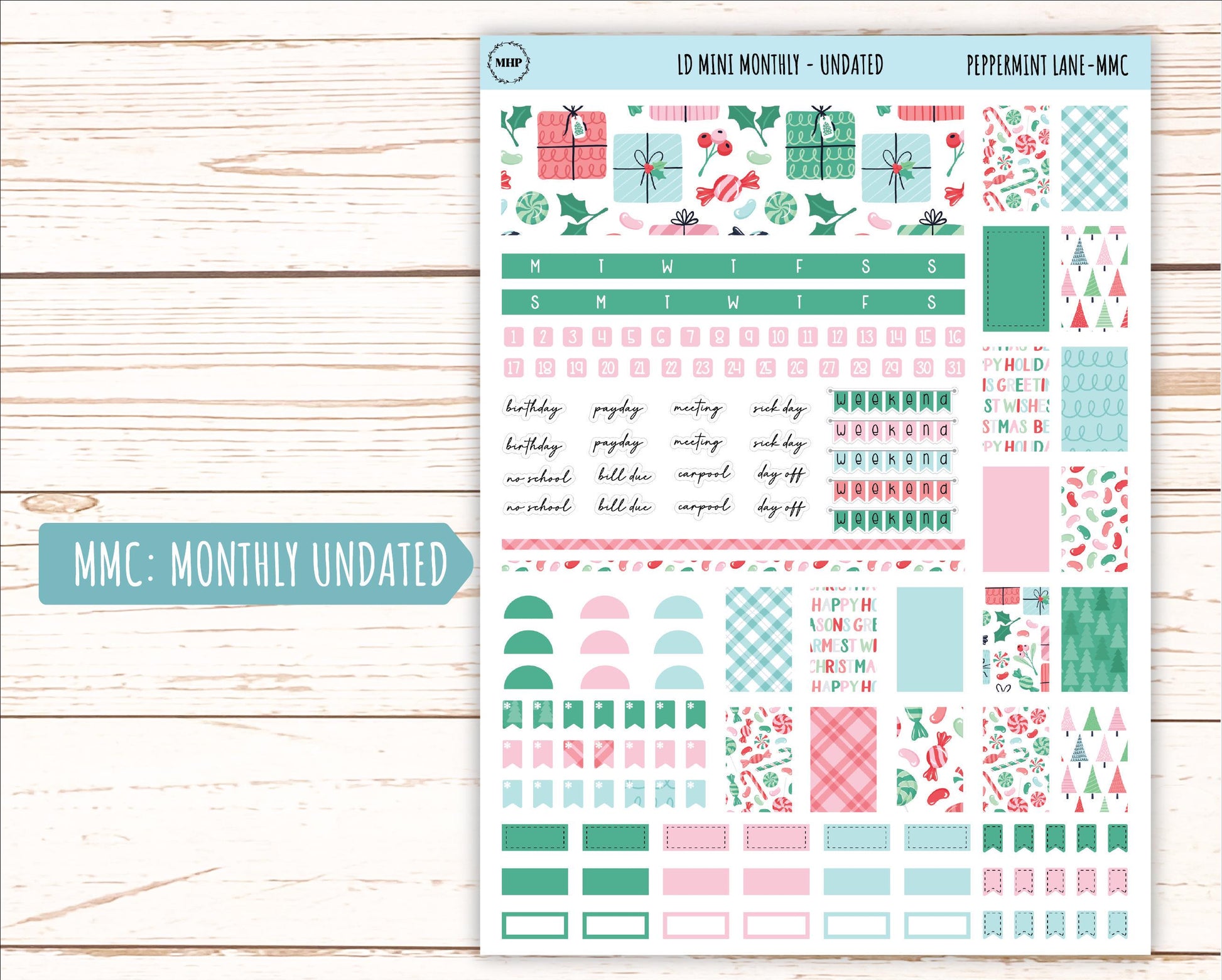 DECEMBER Stickers for Small Horizontal & Vertical Laurel Denise Planners. (Formerly Mini Planner) "Peppermint Lane" || MPL