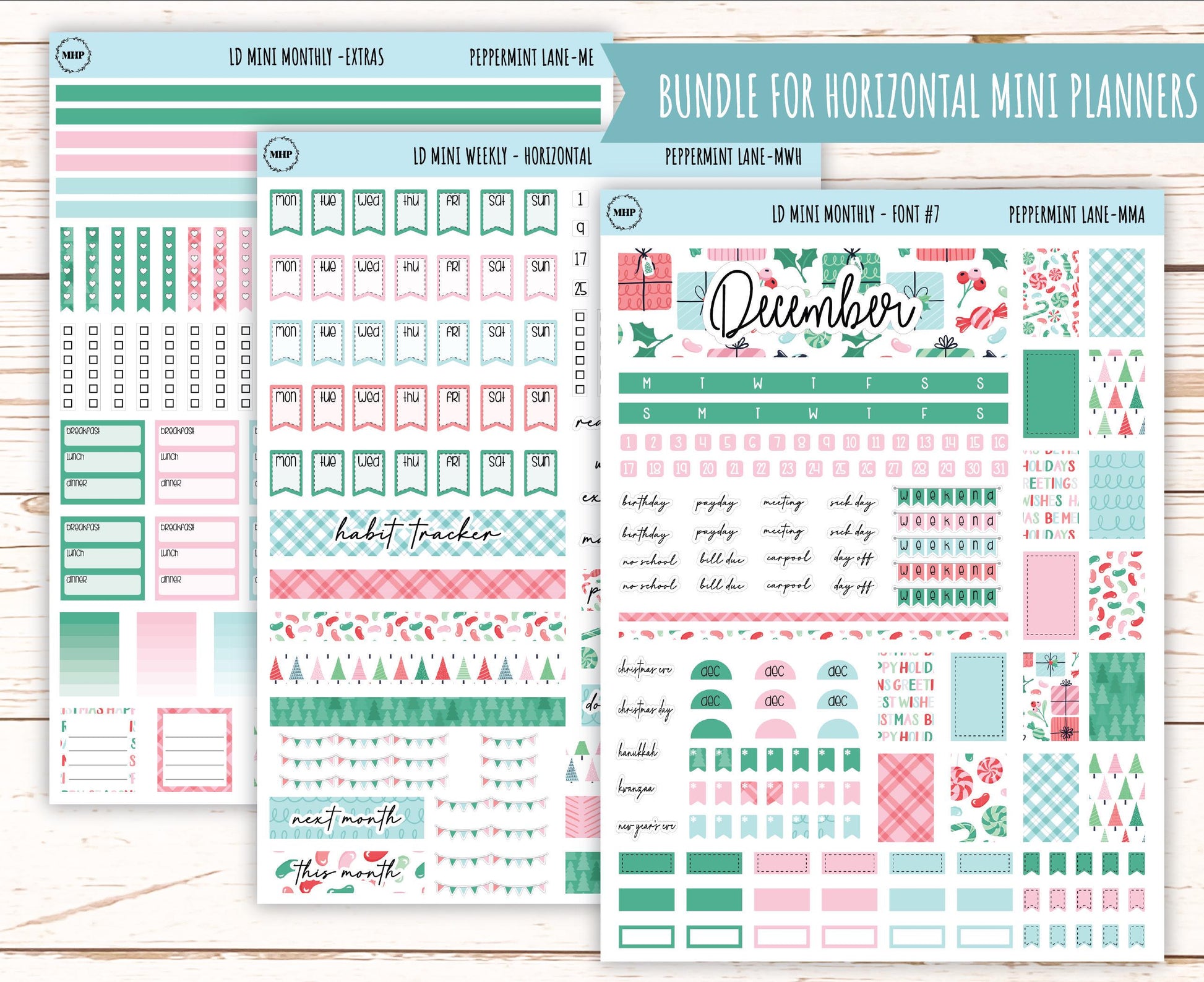 DECEMBER Stickers for Small Horizontal & Vertical Laurel Denise Planners. (Formerly Mini Planner) "Peppermint Lane" || MPL
