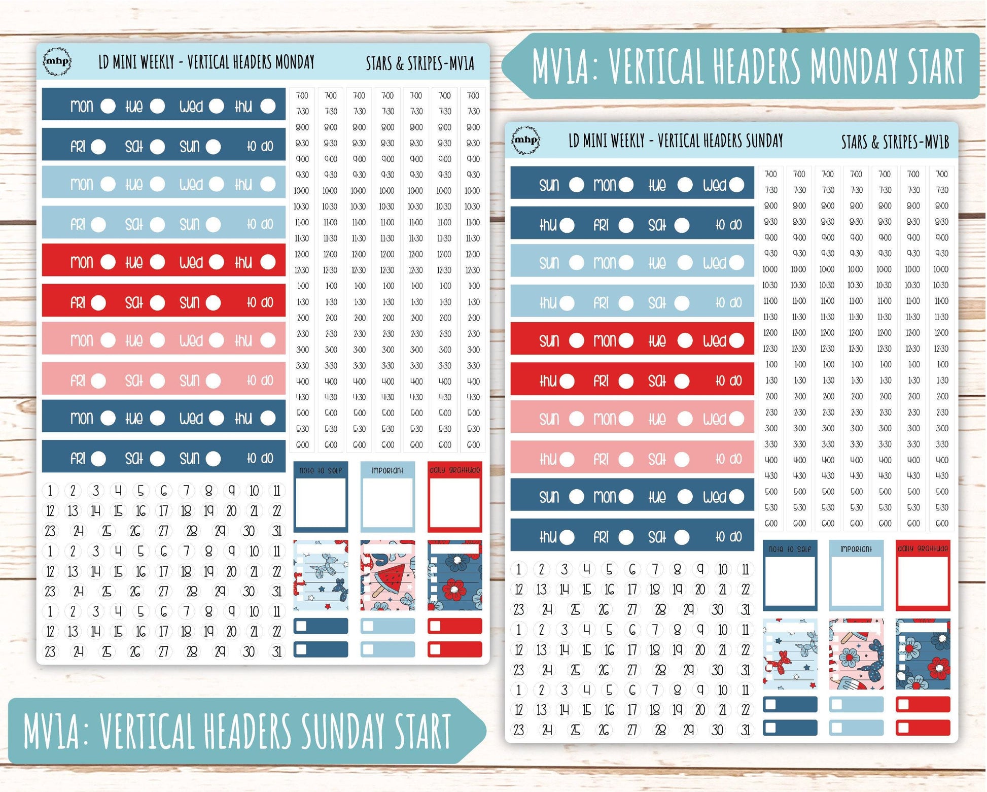 July Sticker for Small Horizontal & Vertical Laurel Denise Planners. (Formerly Mini Planner) "Stars and Stripes" || MSAS