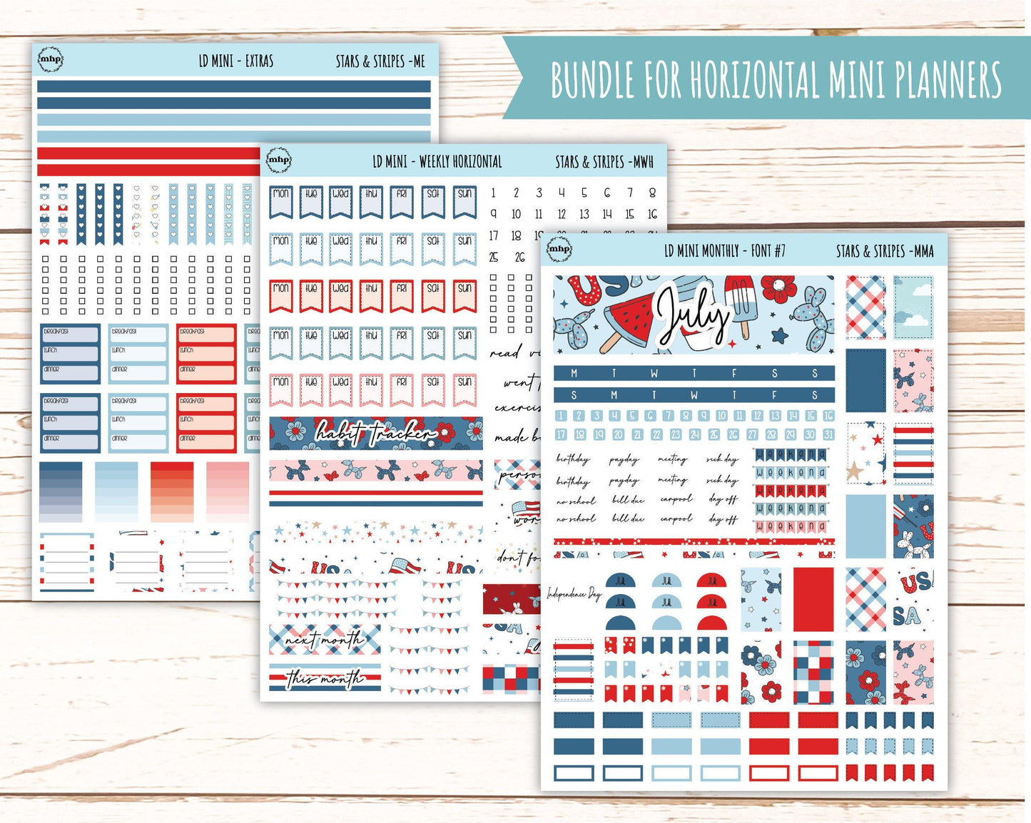 July Sticker for Small Horizontal & Vertical Laurel Denise Planners. (Formerly Mini Planner) "Stars and Stripes" || MSAS