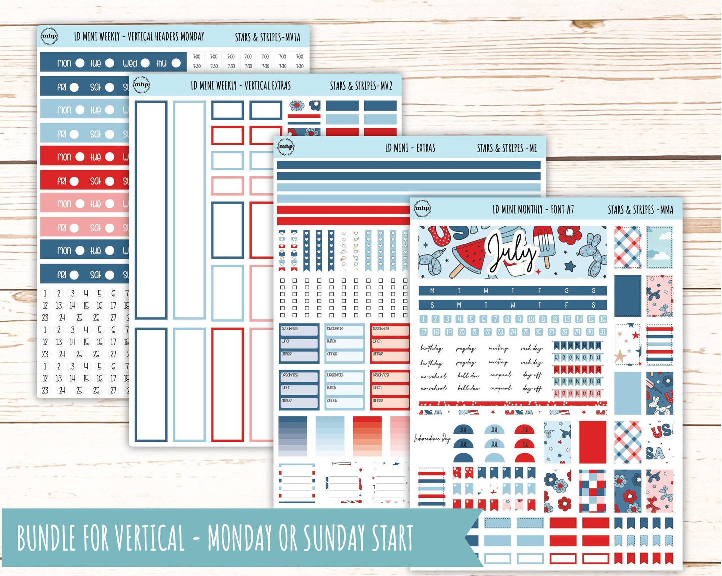 July Sticker for Small Horizontal & Vertical Laurel Denise Planners. (Formerly Mini Planner) "Stars and Stripes" || MSAS