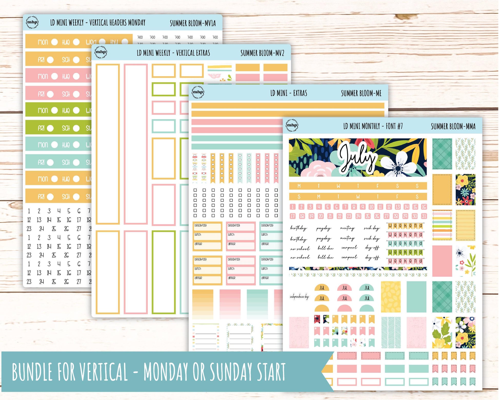 July Sticker for Small Horizontal & Vertical Laurel Denise Planners. (Formerly Mini Planner) "Summer Bloom" || MSB