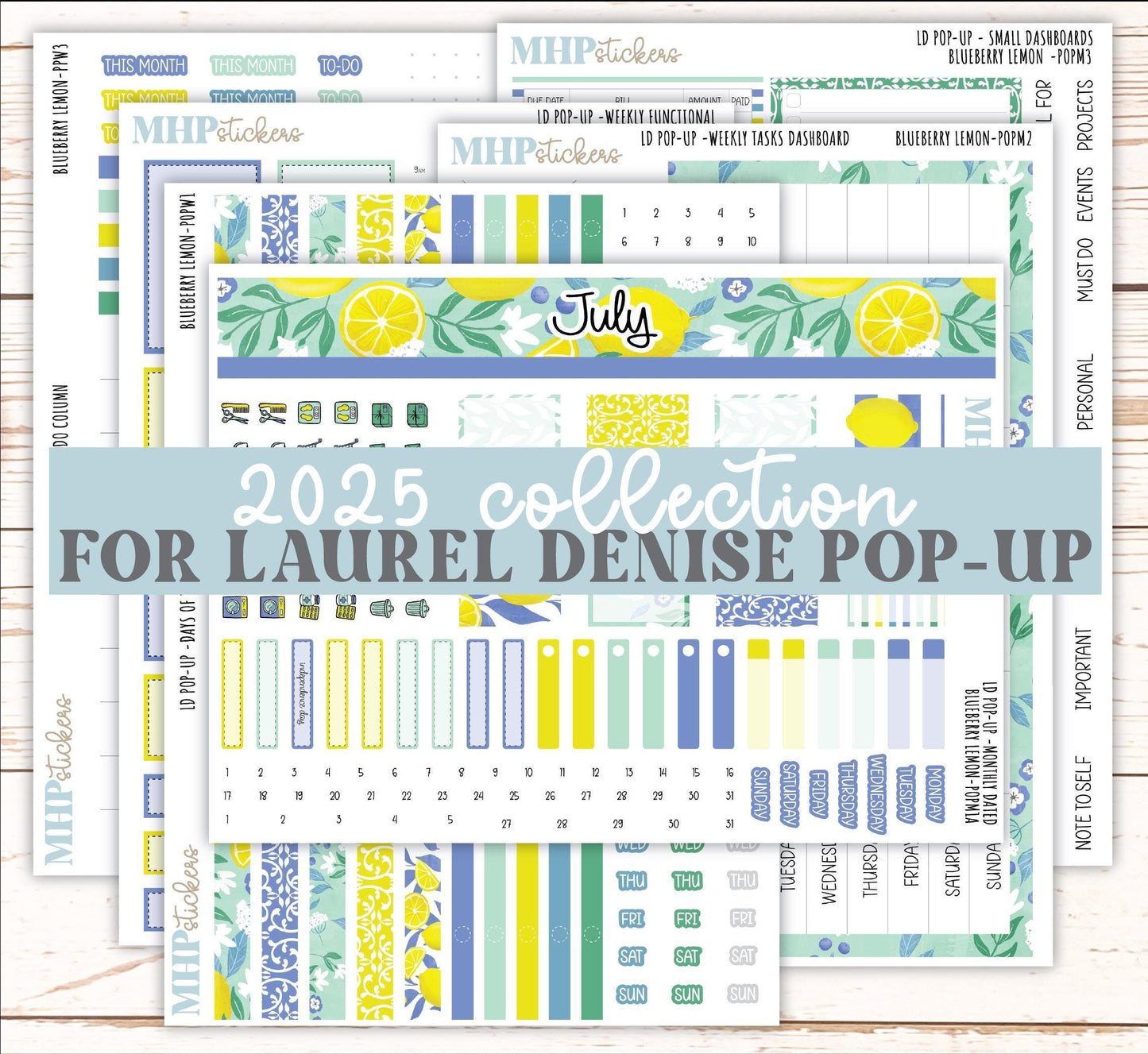 July 2025 Stickers for The Jo Laurel Denise Planner (Formerly Pop-Up Planner) "Blueberry Lemon" || POPBL