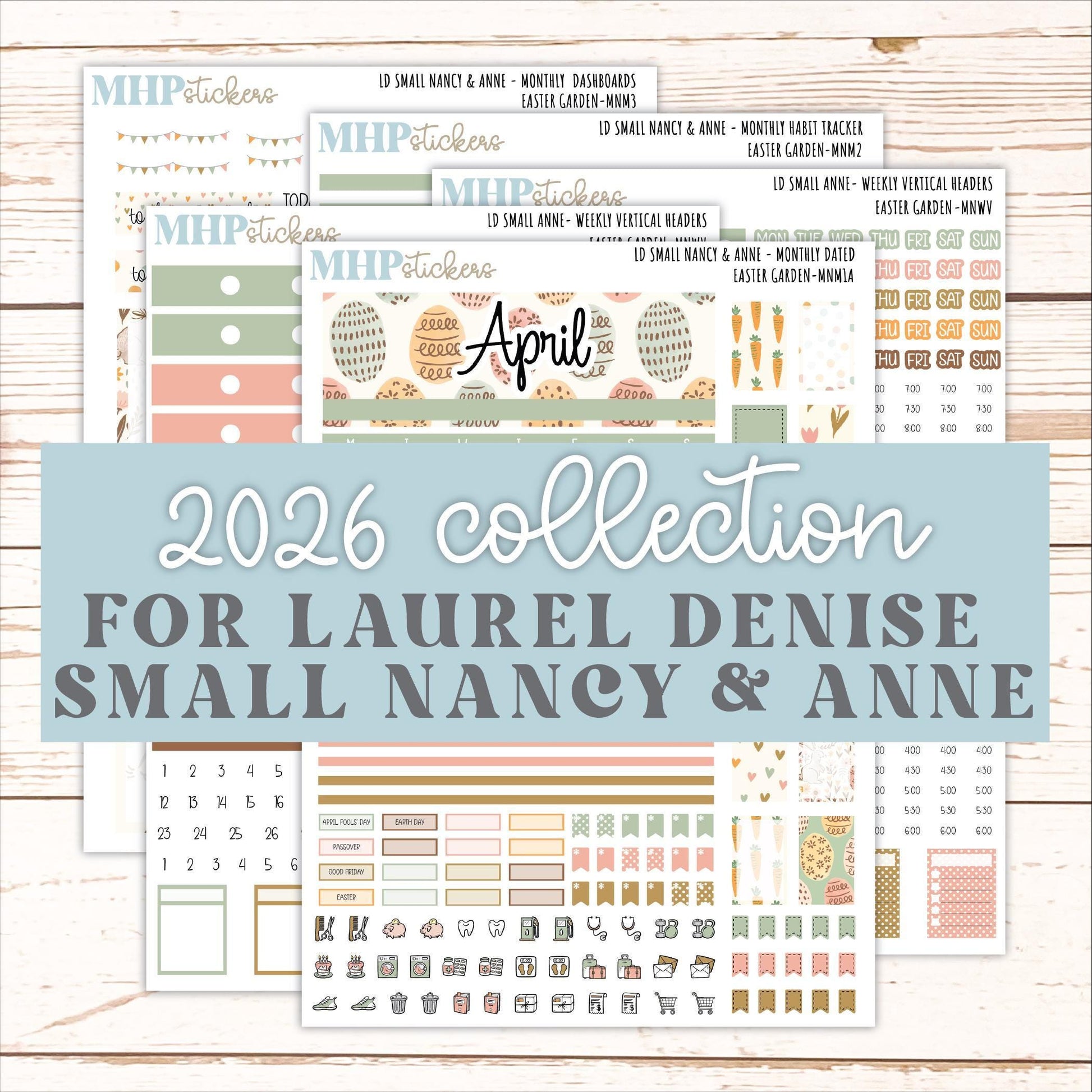 APRIL 2026 Stickers for Small Nancy & Anne Laurel Denise Planners. (Formerly Mini Planner) "Easter Garden" || MN