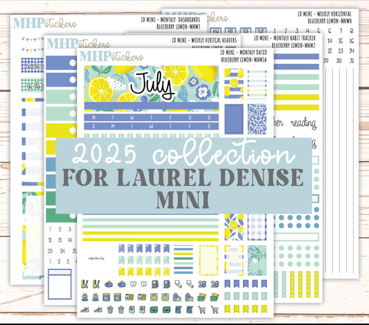 JULY 2025 Stickers for Small Horizontal & Vertical Laurel Denise Planners. (Formerly Mini Planner) "Blueberry Lemon" || MNBL
