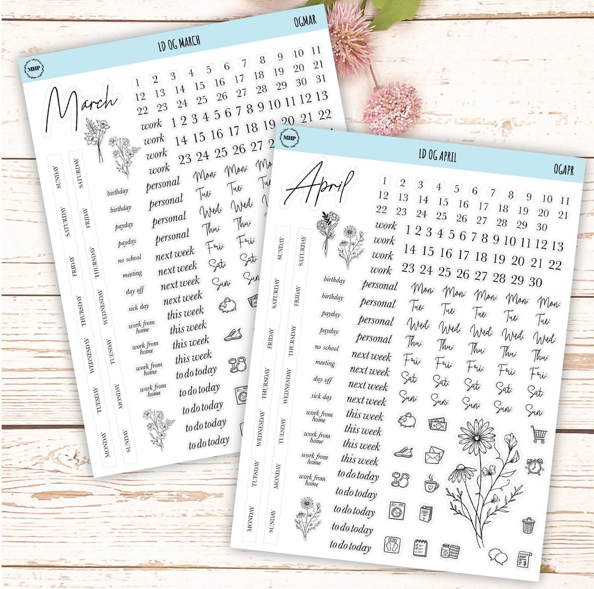 Minimalist Stickers for Large size, Horizontal & Vertical Laurel Denise Planners. || LD-OG