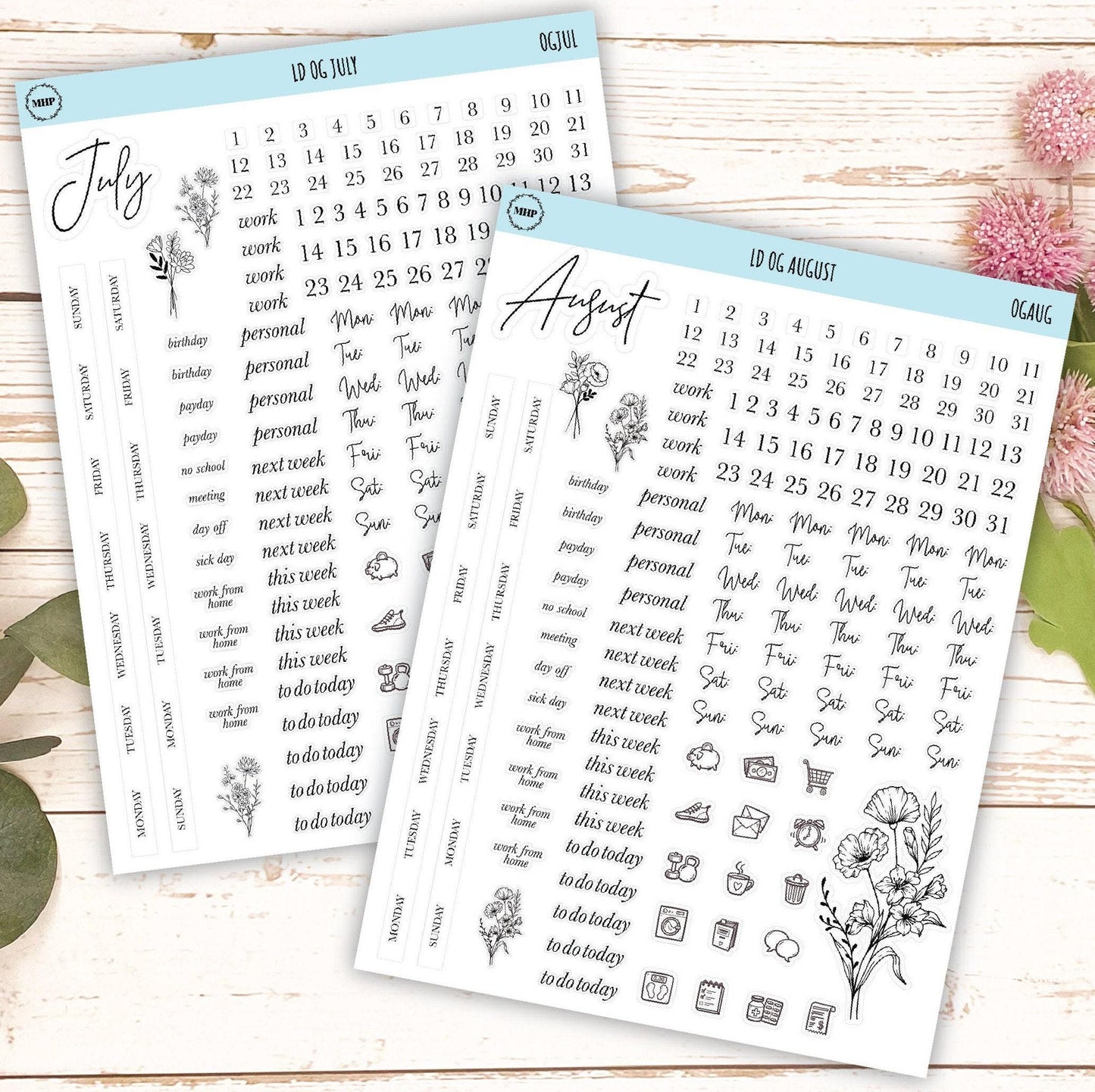 Minimalist Stickers for Large size, Horizontal & Vertical Laurel Denise Planners. || LD-OG