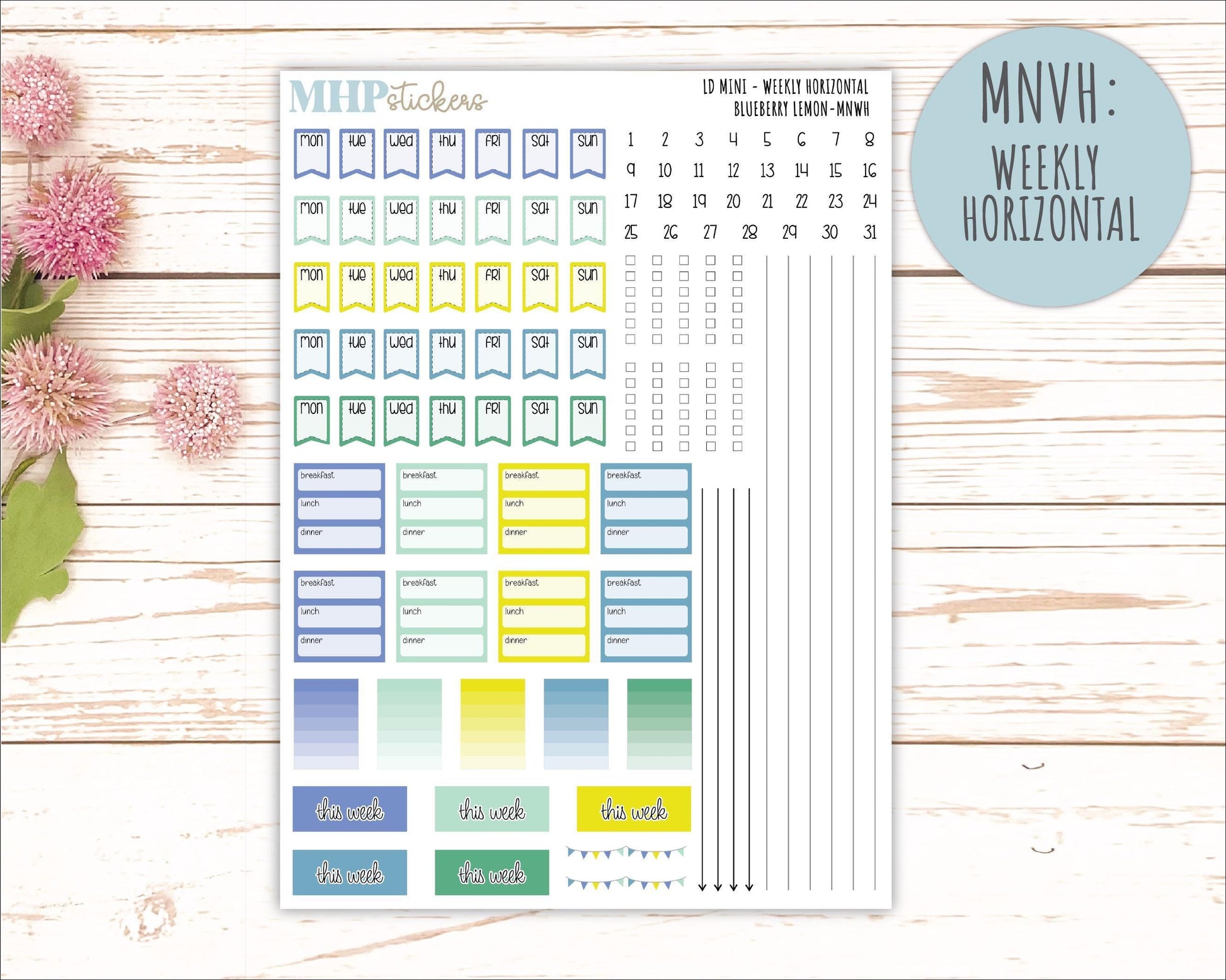 JULY 2025 Stickers for Small Horizontal & Vertical Laurel Denise Planners. (Formerly Mini Planner) "Blueberry Lemon" || MNBL