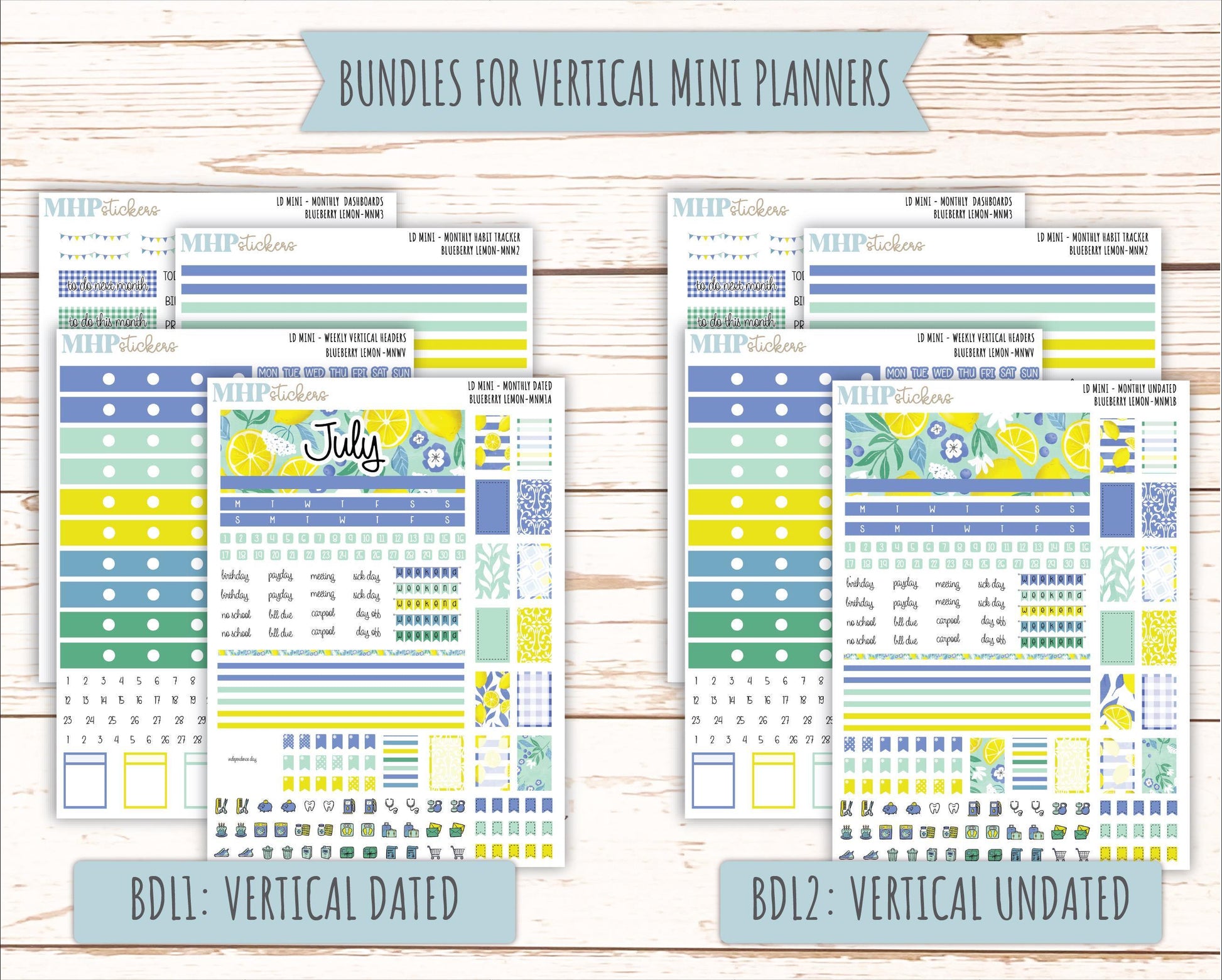 JULY 2025 Stickers for Small Horizontal & Vertical Laurel Denise Planners. (Formerly Mini Planner) "Blueberry Lemon" || MNBL