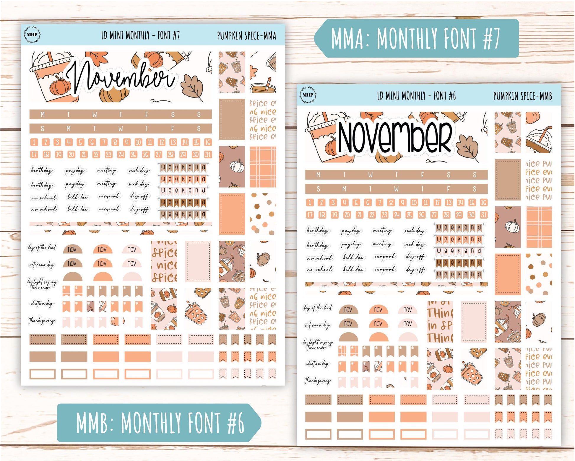 November Stickers for Small Horizontal & Vertical Laurel Denise Planners. (Formerly Mini Planner) "Pumpkin Spice" || MPS