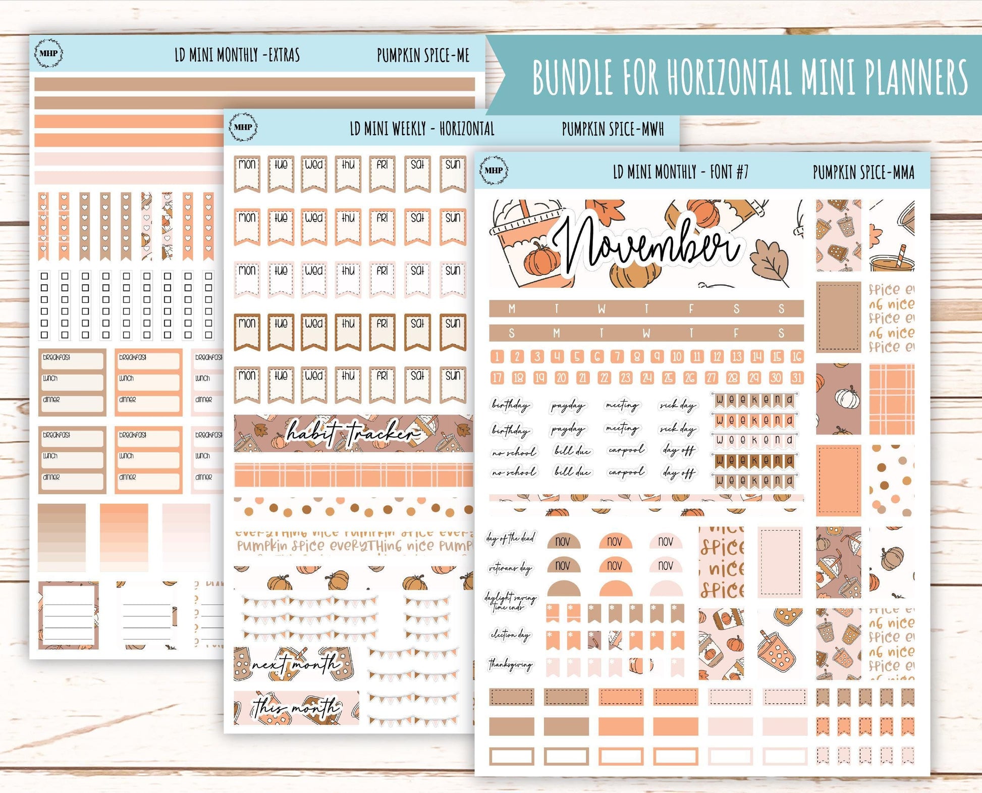 November Stickers for Small Horizontal & Vertical Laurel Denise Planners. (Formerly Mini Planner) "Pumpkin Spice" || MPS