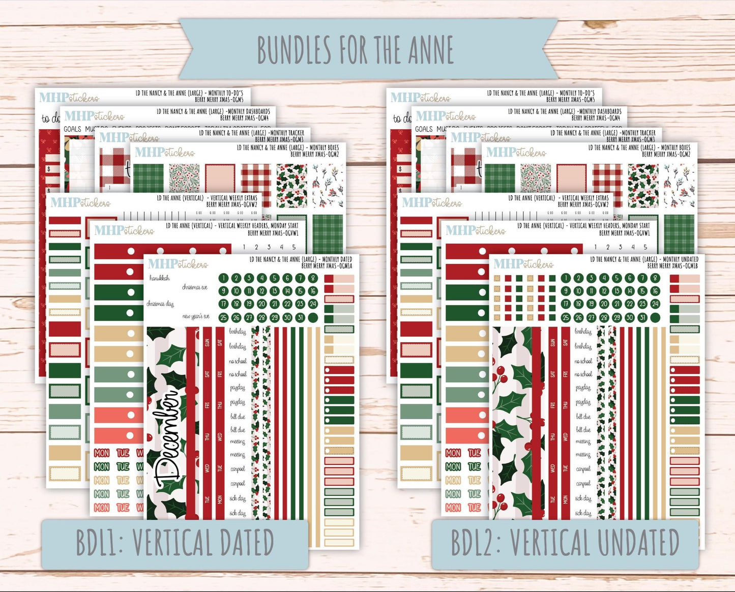 DECEMBER 2025 Stickers for Large-size Horizontal & Vertical Laurel Denise Planners. (Formerly Original Size) "Berry Merry Xmas" || OG