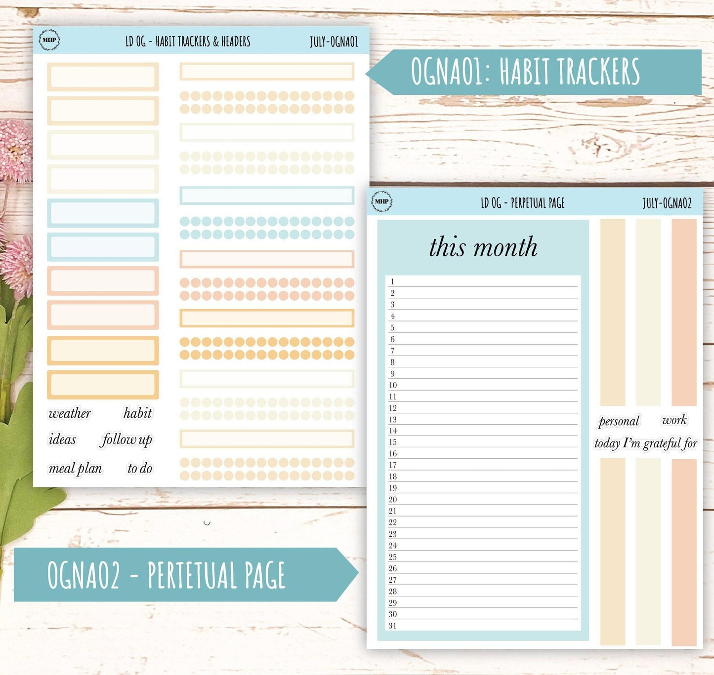 Neutral Color Stickers for Large size Horizontal & Vertical Laurel Denise Planner. (Formerly Original or Standar Size) JULY || OGNJUL
