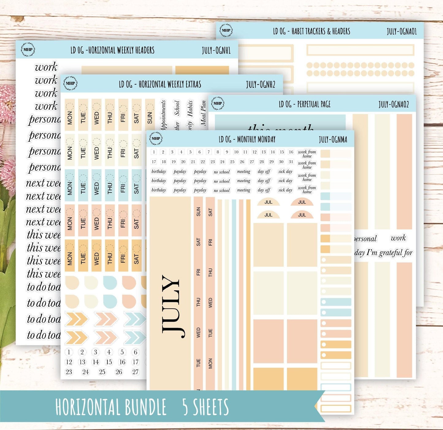 Neutral Color Stickers for Large size Horizontal & Vertical Laurel Denise Planner. (Formerly Original or Standar Size) JULY || OGNJUL