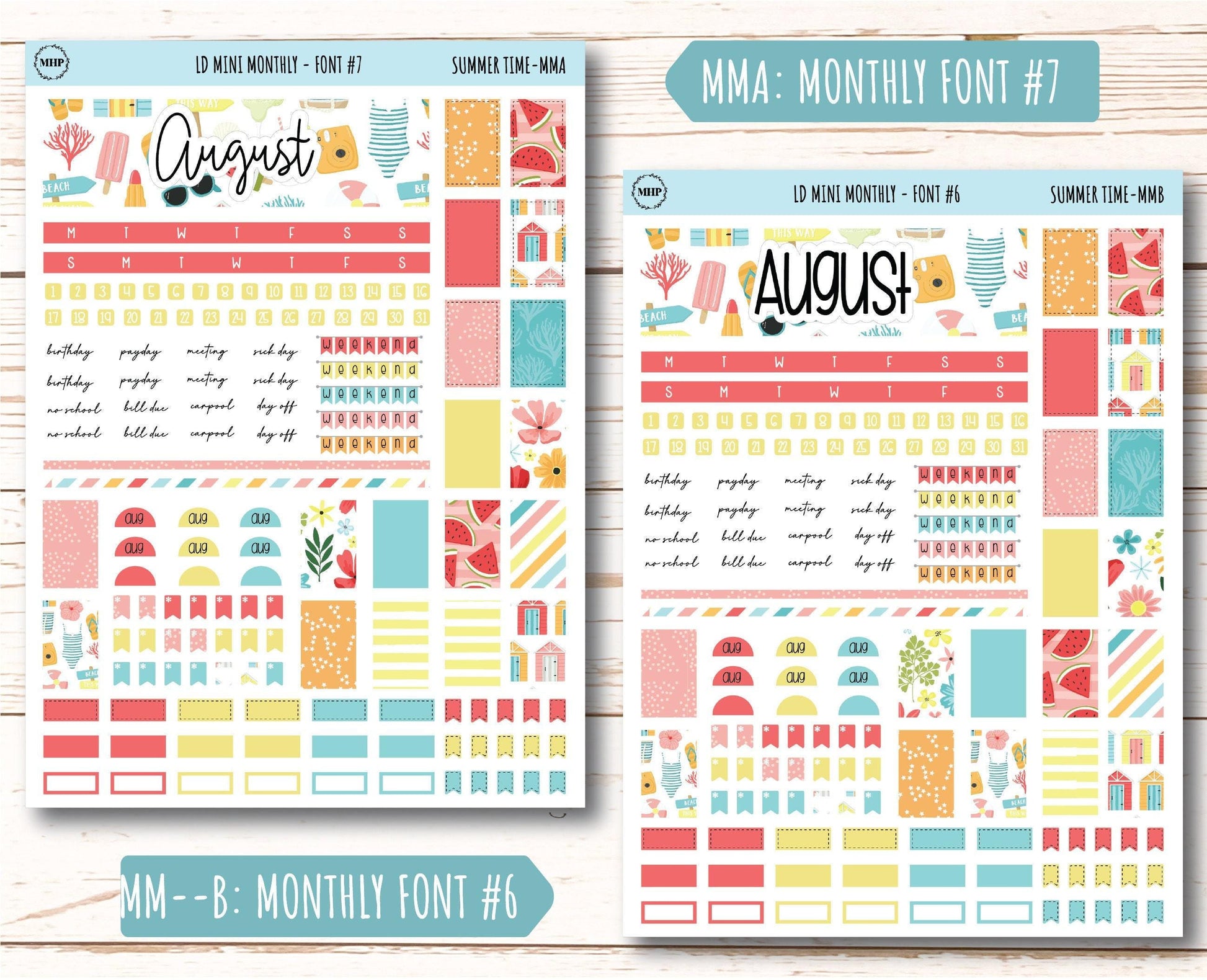 August Stickers for Small Horizontal & Vertical Laurel Denise Planners. (Formerly Mini Planner) "Summer Time" || MST
