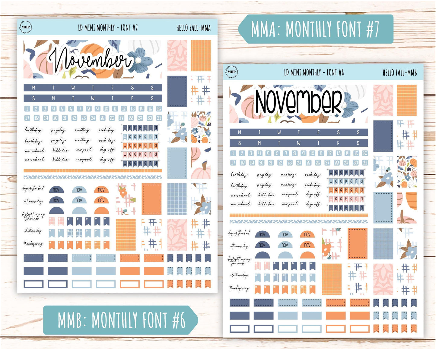 November Stickers for Small Horizontal & Vertical Laurel Denise Planners. (Formerly Mini Planner) "Hello Fall" || MHF