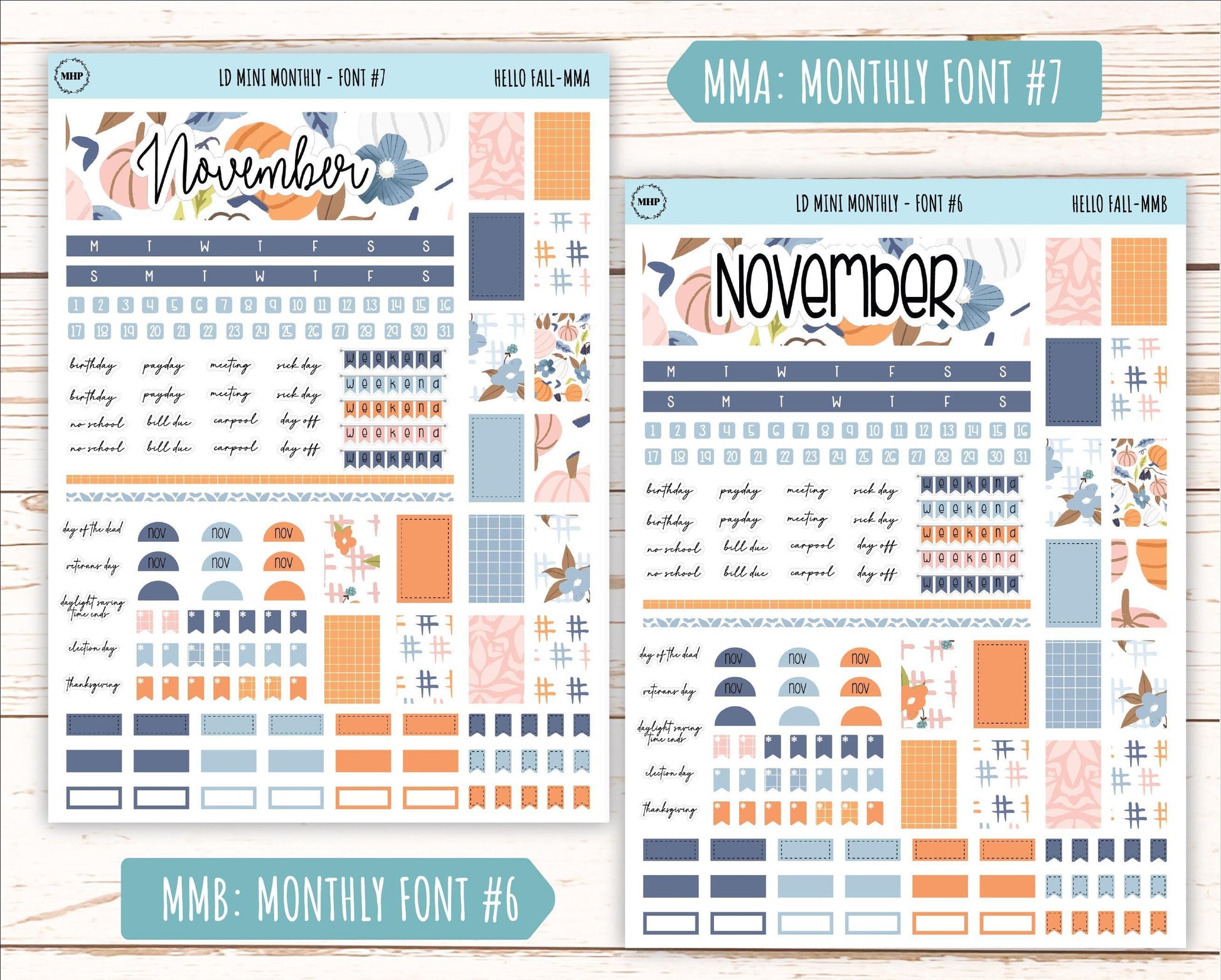 November Stickers for Small Horizontal & Vertical Laurel Denise Planners. (Formerly Mini Planner) "Hello Fall" || MHF