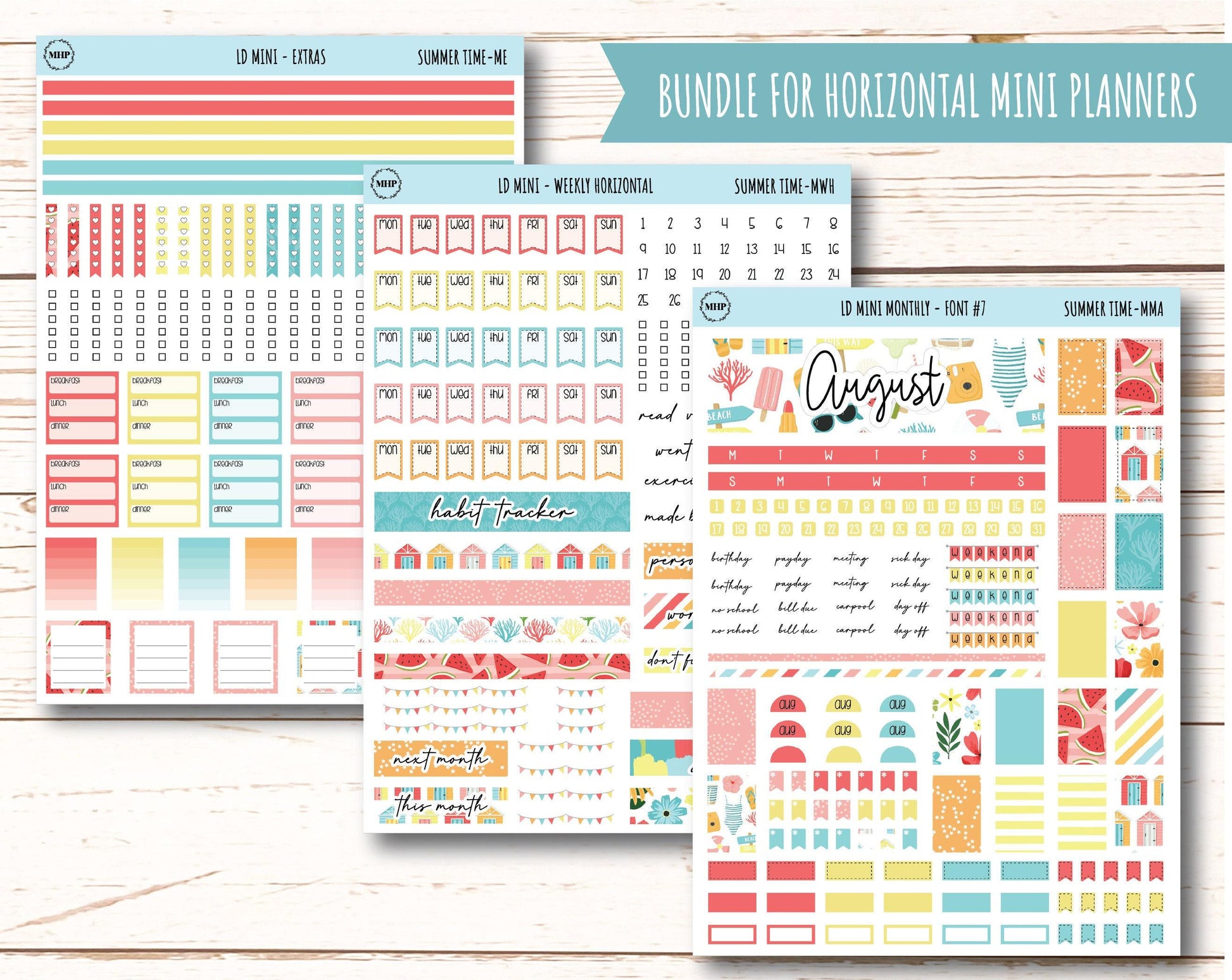 August Stickers for Small Horizontal & Vertical Laurel Denise Planners. (Formerly Mini Planner) "Summer Time" || MST