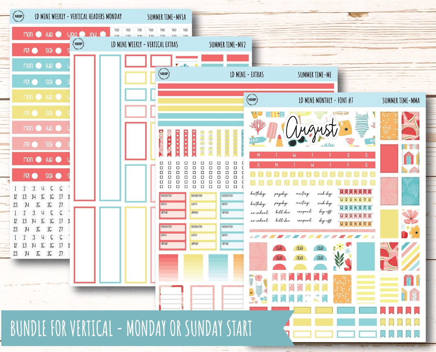 August Stickers for Small Horizontal & Vertical Laurel Denise Planners. (Formerly Mini Planner) "Summer Time" || MST