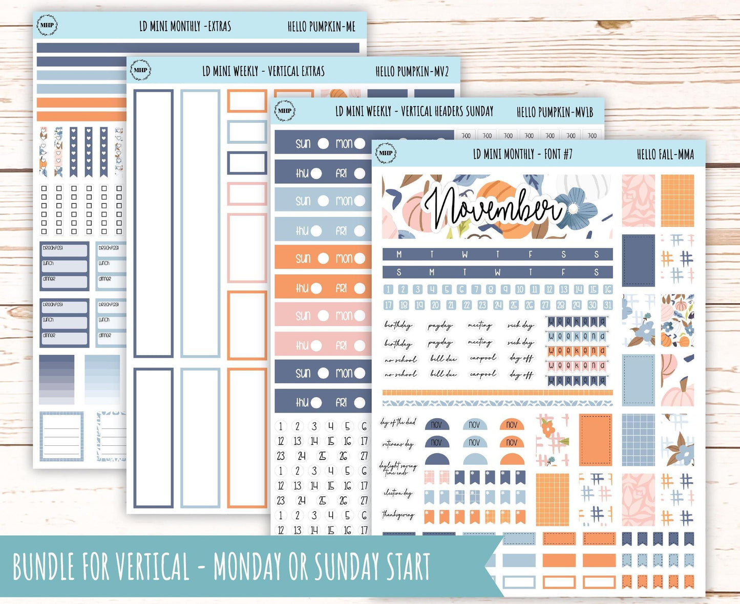 November Stickers for Small Horizontal & Vertical Laurel Denise Planners. (Formerly Mini Planner) "Hello Fall" || MHF