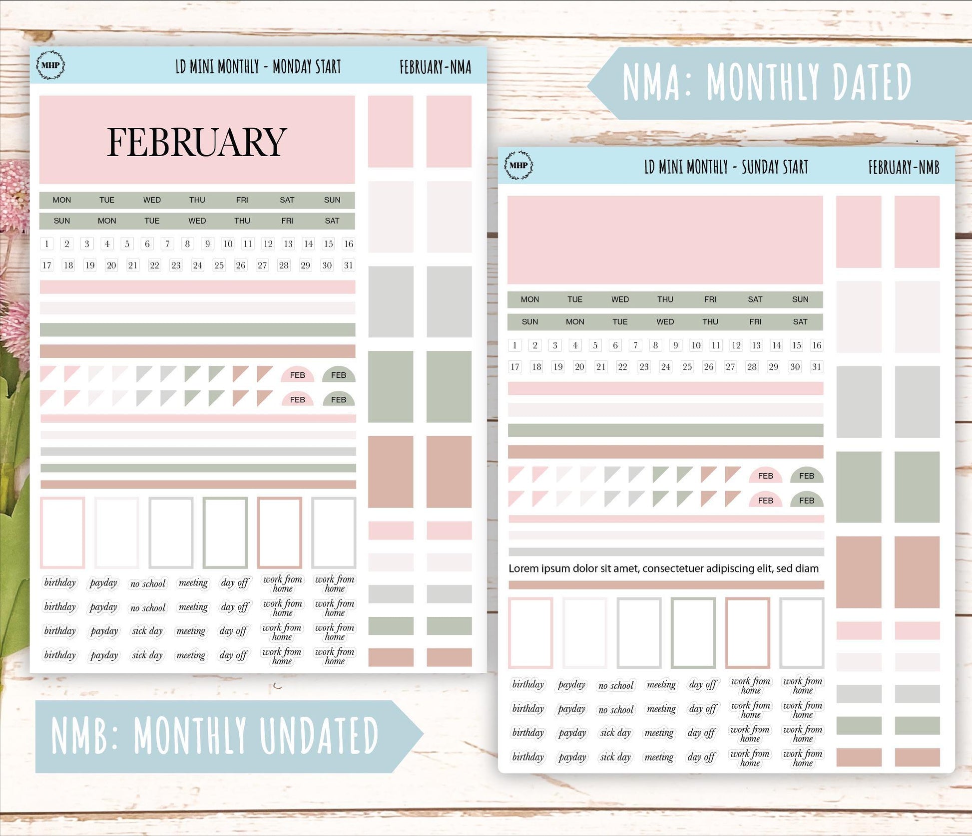 FEBRARY Neutral Color Stickers for Small Horizontal & Vertical Laurel Denise Planners. (Formerly Mini Planner) || NFEB