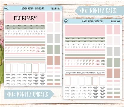 FEBRARY Neutral Color Stickers for Small Horizontal & Vertical Laurel Denise Planners. (Formerly Mini Planner) || NFEB