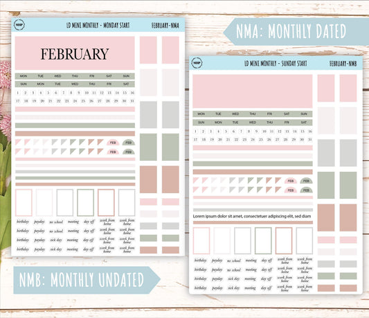FEBRARY Neutral Color Stickers for Small Horizontal & Vertical Laurel Denise Planners. (Formerly Mini Planner) || NFEB
