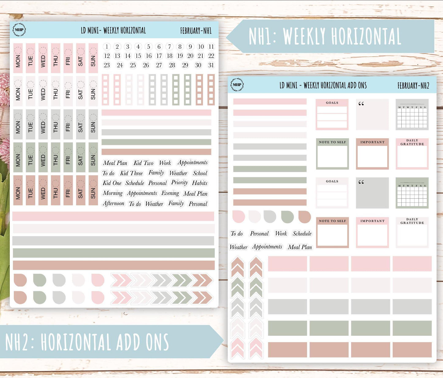 FEBRARY Neutral Color Stickers for Small Horizontal & Vertical Laurel Denise Planners. (Formerly Mini Planner) || NFEB