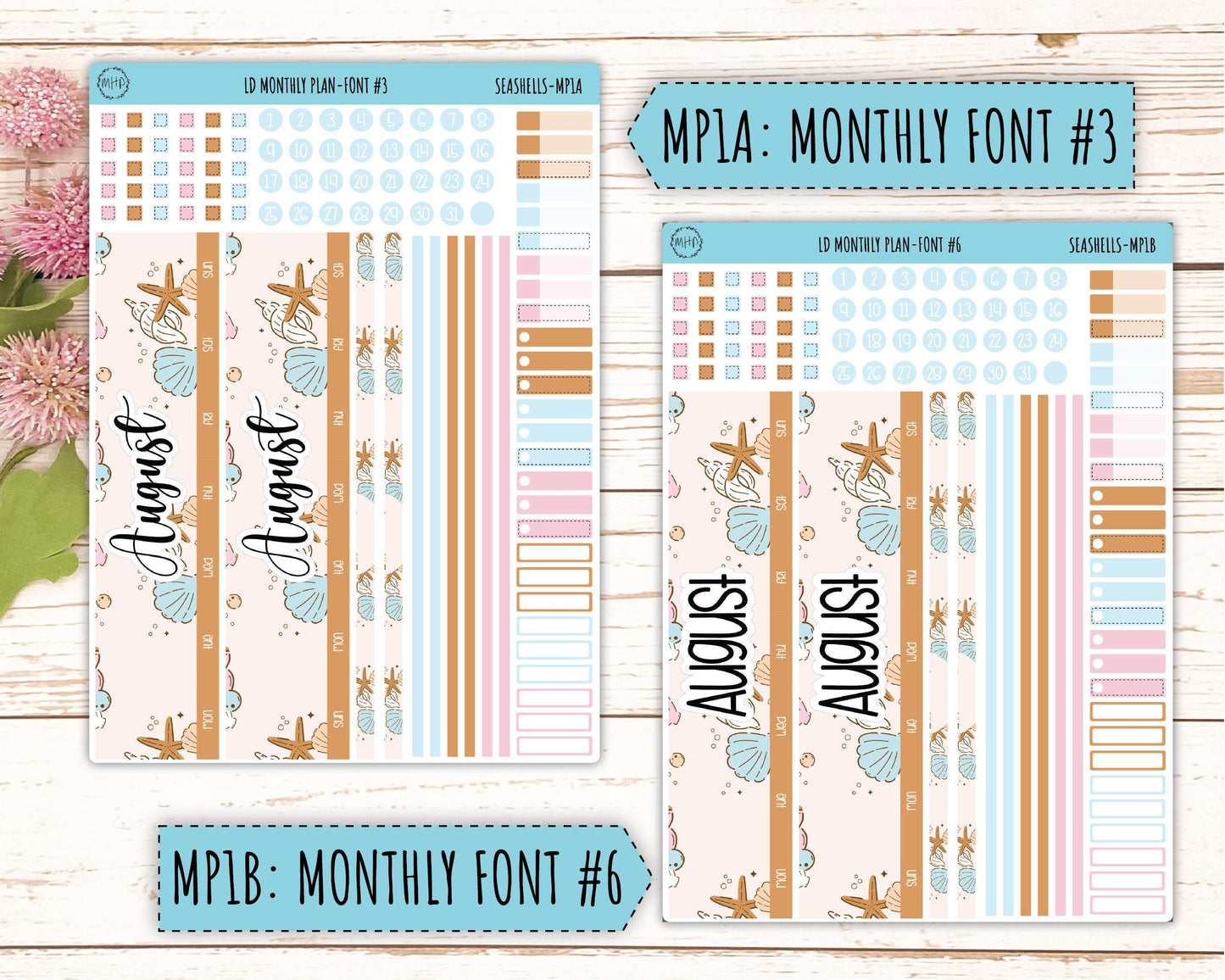 August Stickers for Large size Horizontal & Vertical Laurel Denise Planner. (Formerly Original or Standar Size) "Seashells" || MPSSH
