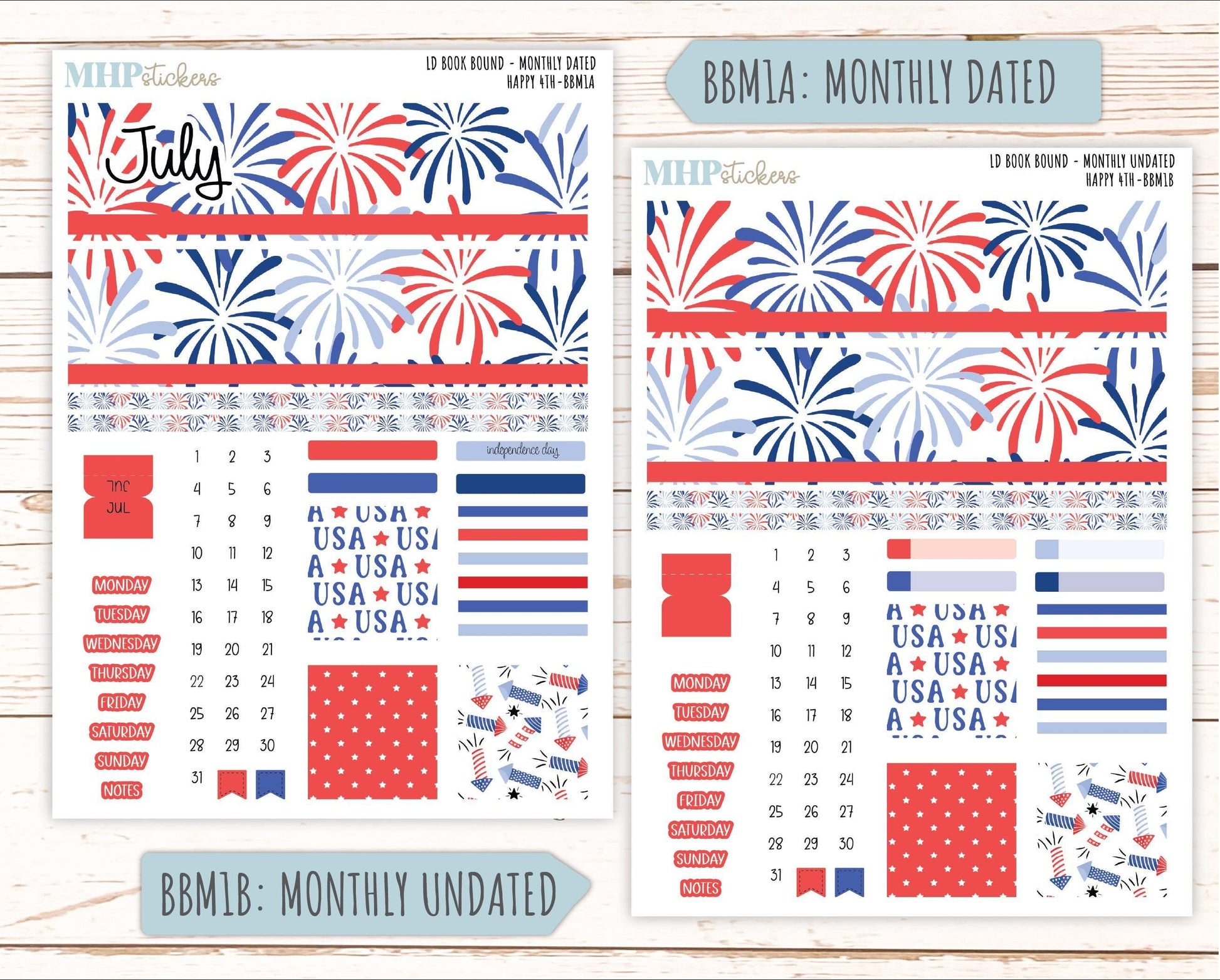 July 2025 Stickers for The Mae & The Kristy Laurel Denise Planners ( Formerly Book Bound Planner) "Happy 4th" || BB