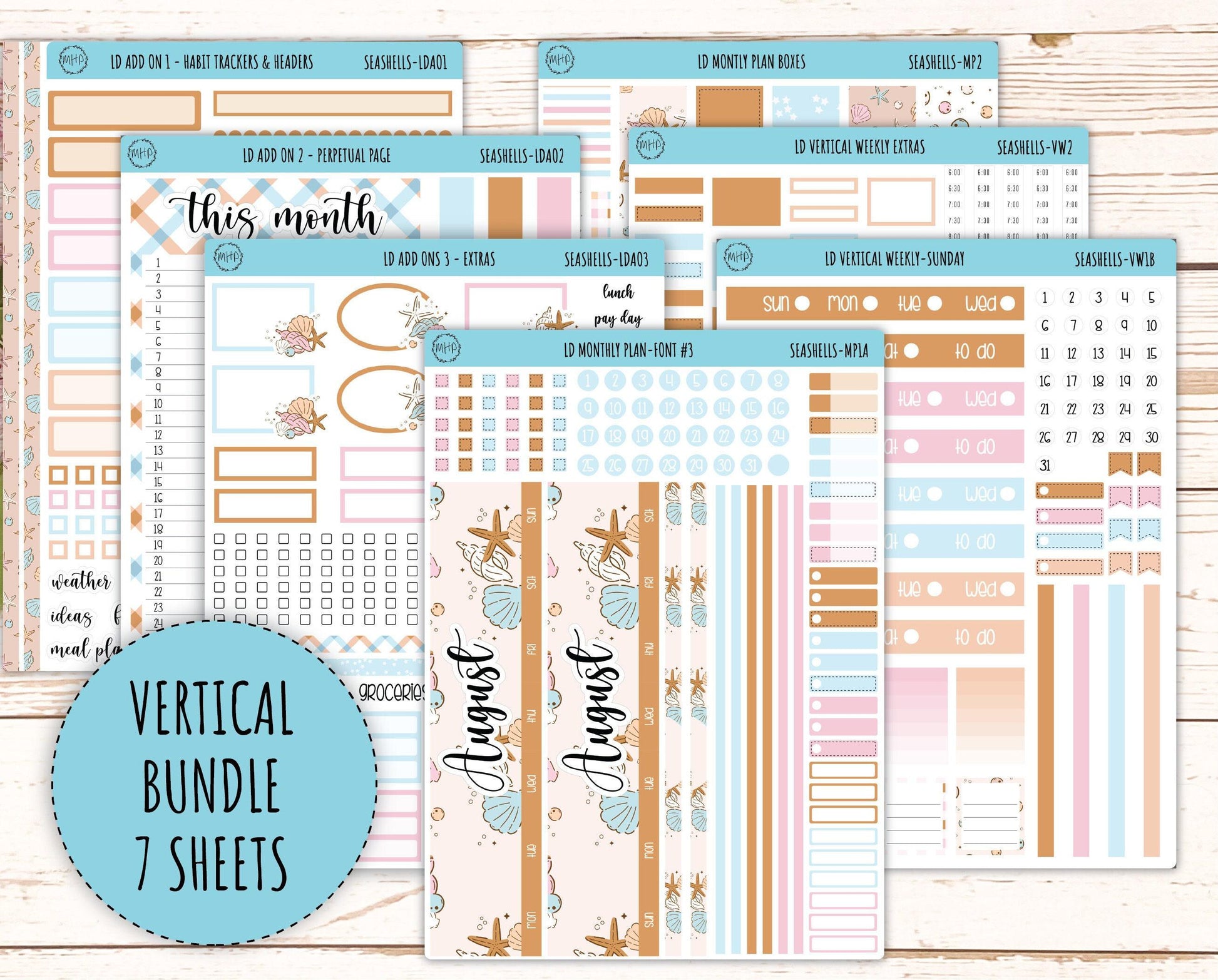 August Stickers for Large size Horizontal & Vertical Laurel Denise Planner. (Formerly Original or Standar Size) "Seashells" || MPSSH