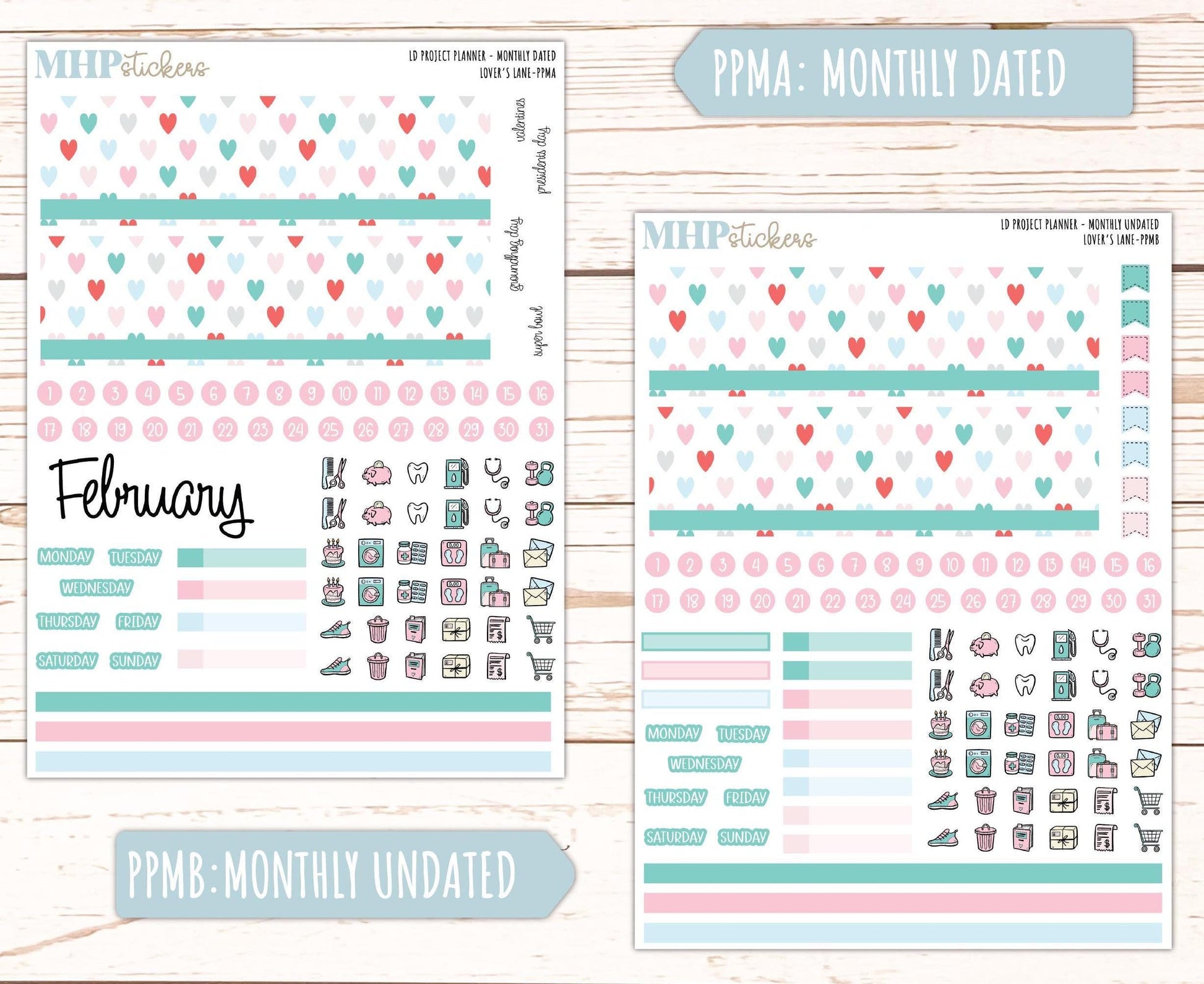 FEBRUARY Stickers for The Rose Large Laurel Denise Planner (Formerly Project Planner) "Lover's Lane" || PPLL