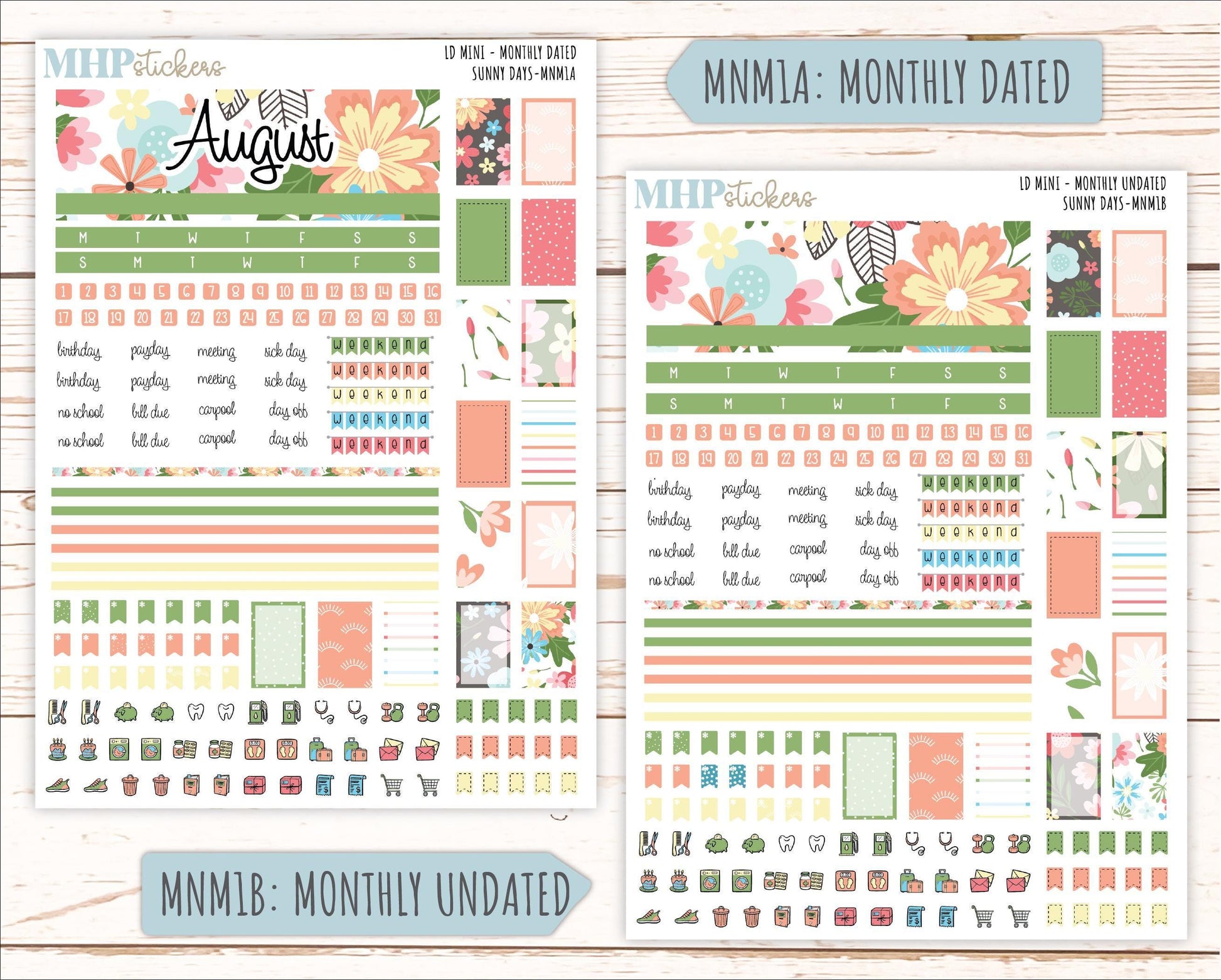 AUGUST 2025 Stickers for Small Horizontal & Vertical Laurel Denise Planners. (Formerly Mini Planner) "Sunny Days" || MNSD