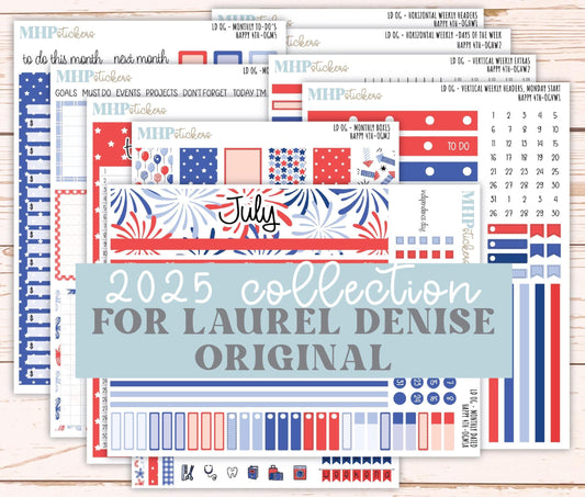 JULY 2025 Stickers for Large size Horizontal & Vertical Laurel Denise Planners. (Formerly Original Size) "Happy 4th" || OGH4