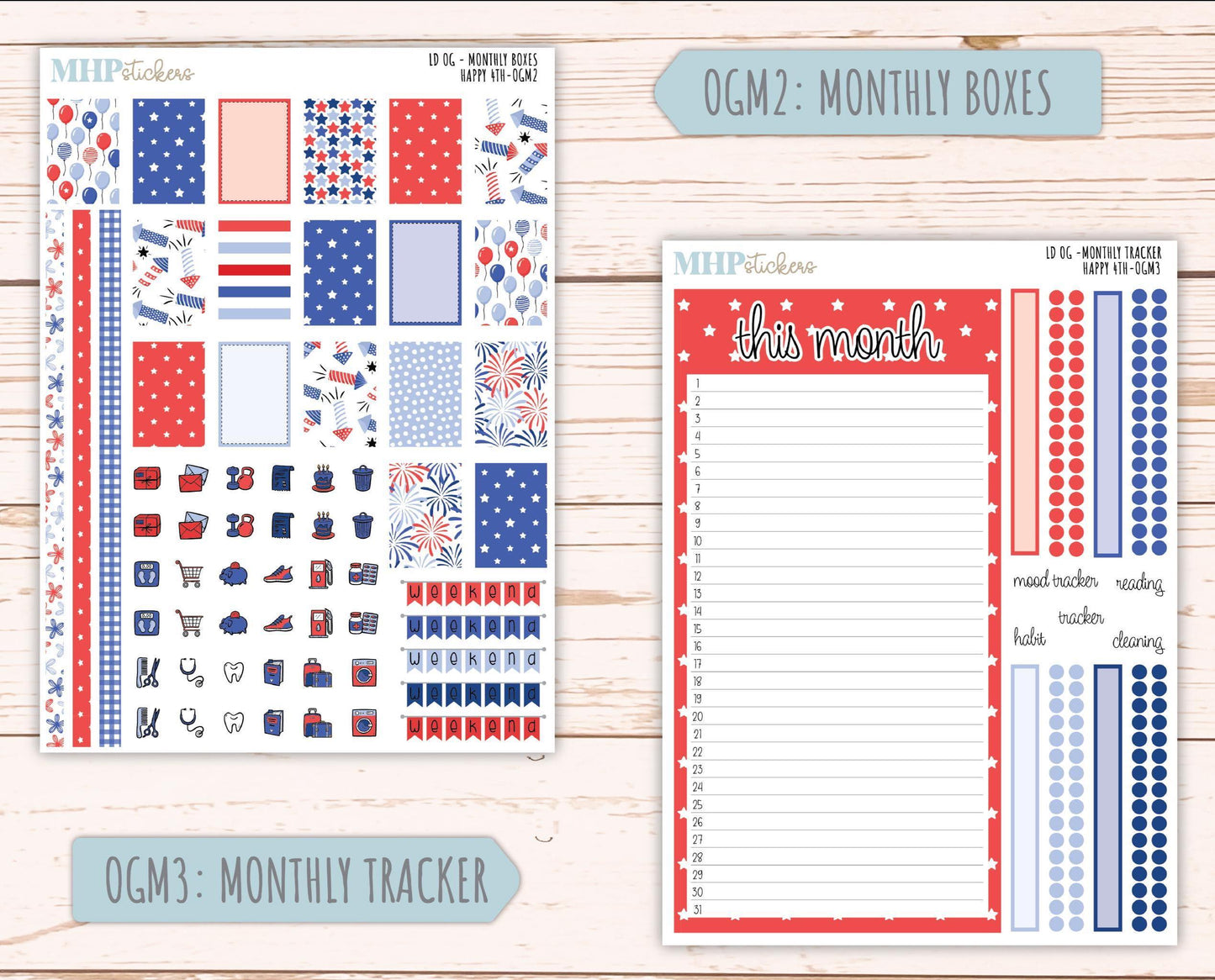 JULY 2025 Stickers for Large size Horizontal & Vertical Laurel Denise Planners. (Formerly Original Size) "Happy 4th" || OGH4