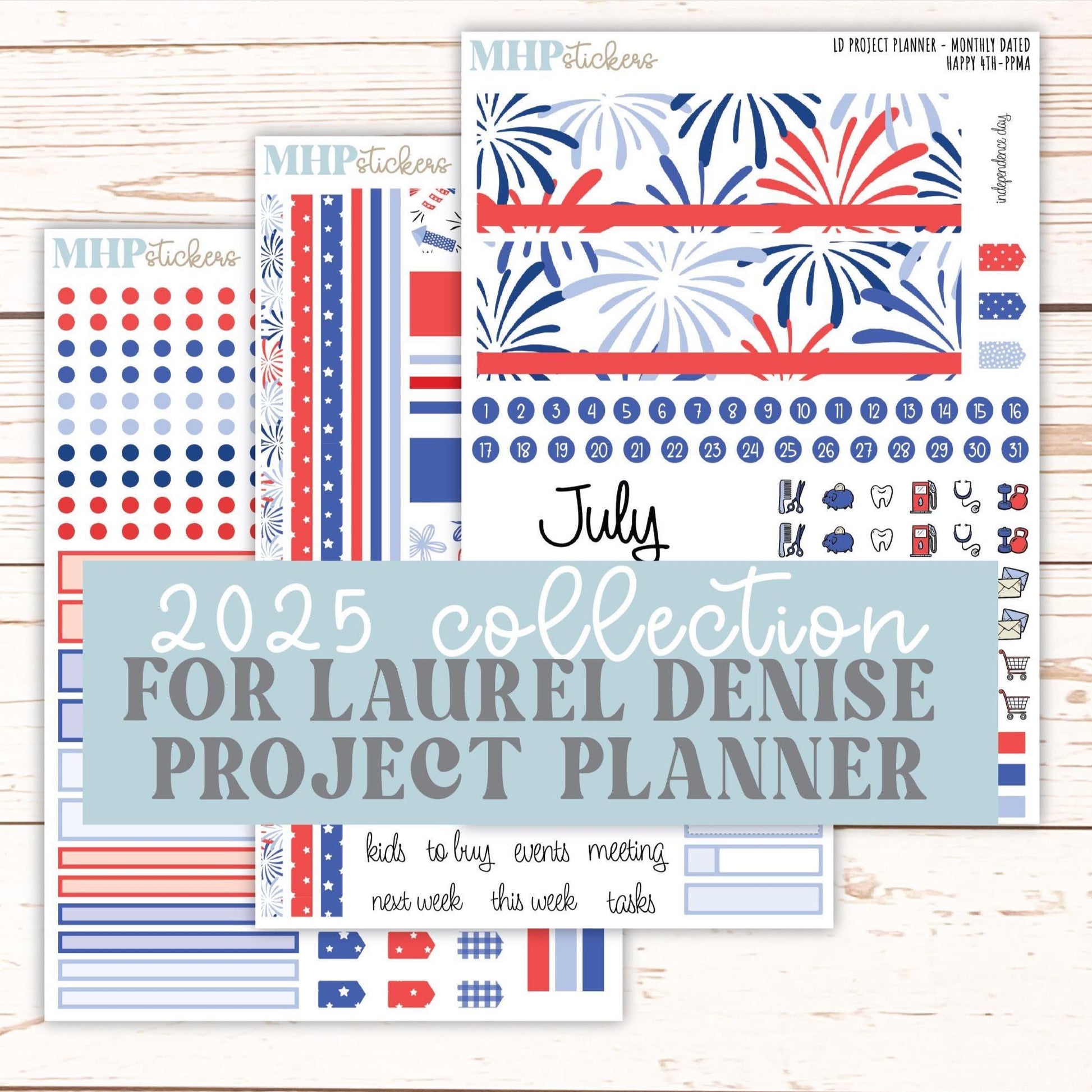 JULY Stickers for the large Laurel Denise Rose Planner (Formerly Project Planner) "Happy 4th" || PPH4