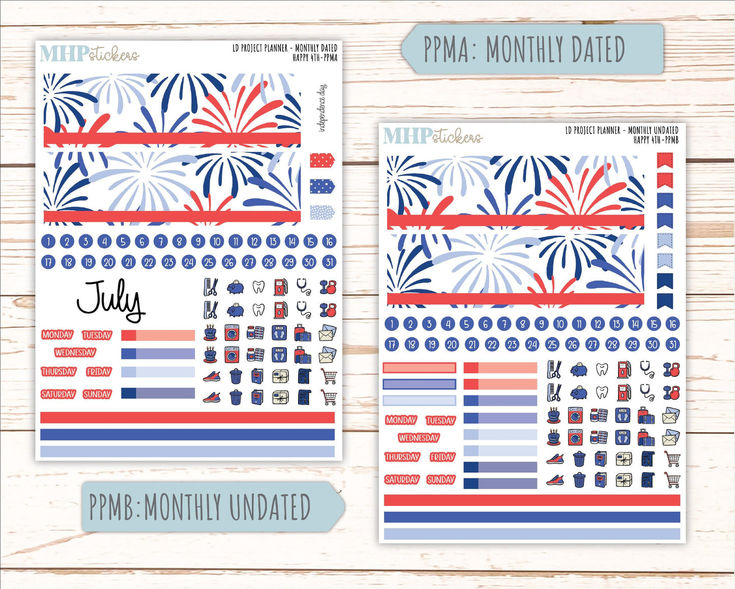 JULY Stickers for the large Laurel Denise Rose Planner (Formerly Project Planner) "Happy 4th" || PPH4