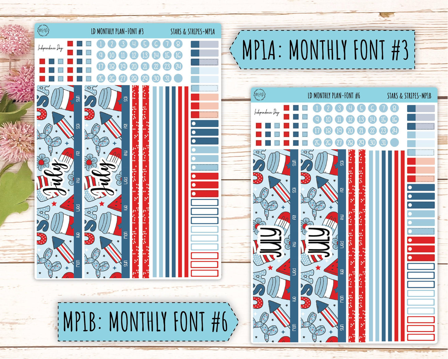 July Sticker for Large size Horizontal & Vertical Laurel Denise Planners. (Formerly Original Size) "Stars and Stripes" || OGSAS