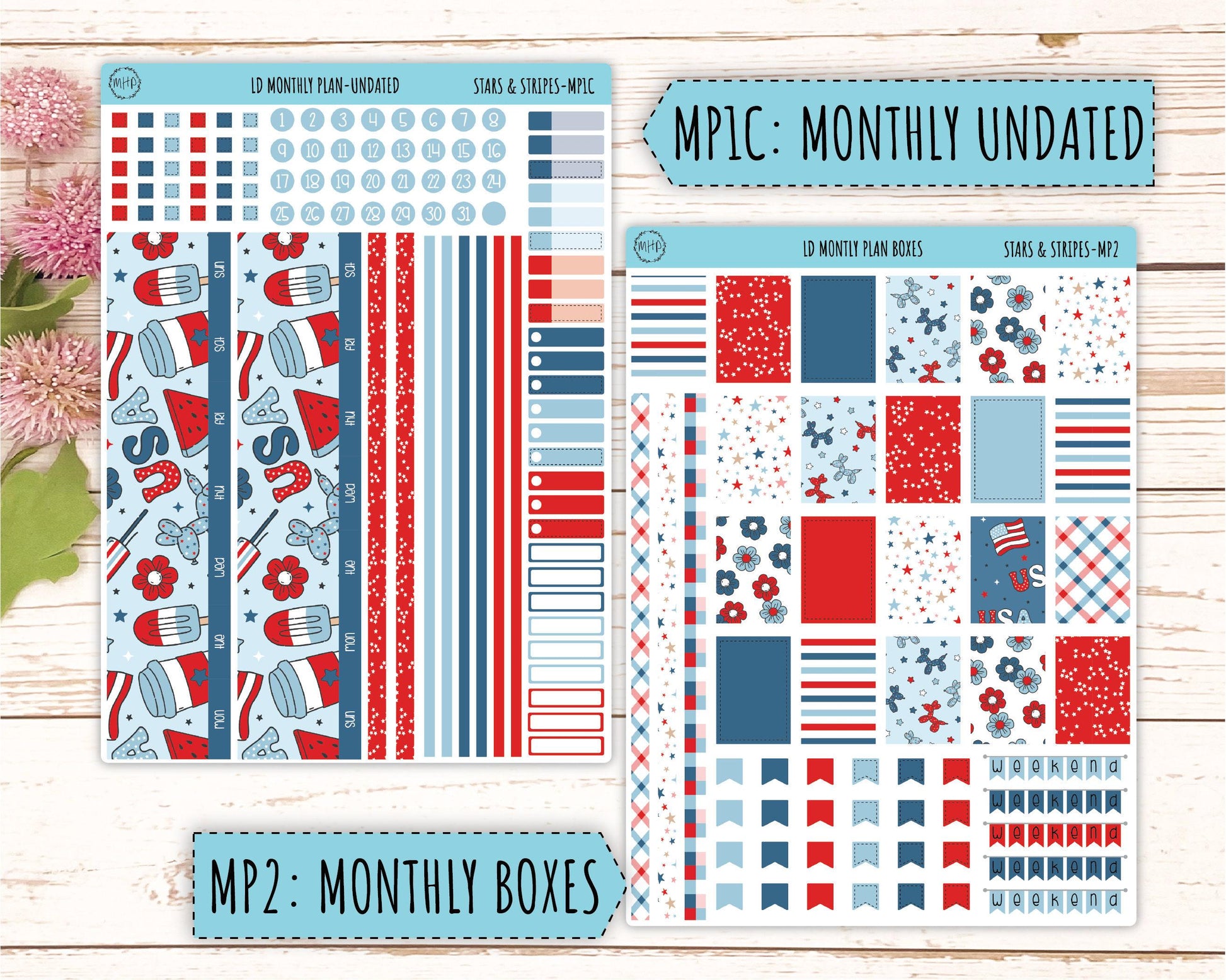 July Sticker for Large size Horizontal & Vertical Laurel Denise Planners. (Formerly Original Size) "Stars and Stripes" || OGSAS