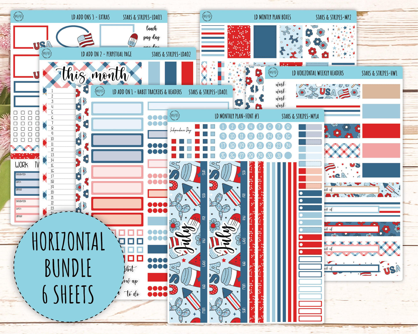 July Sticker for Large size Horizontal & Vertical Laurel Denise Planners. (Formerly Original Size) "Stars and Stripes" || OGSAS