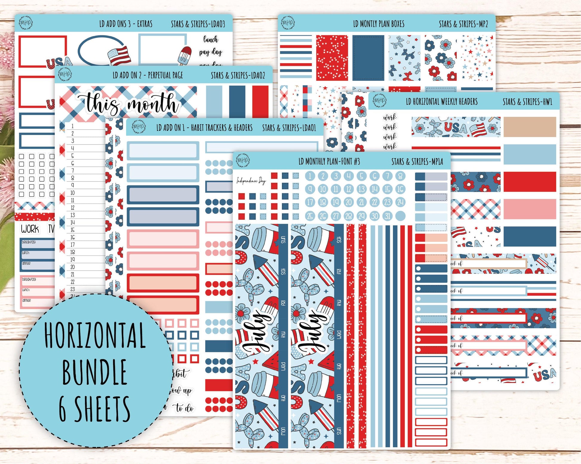 July Sticker for Large size Horizontal & Vertical Laurel Denise Planners. (Formerly Original Size) "Stars and Stripes" || OGSAS