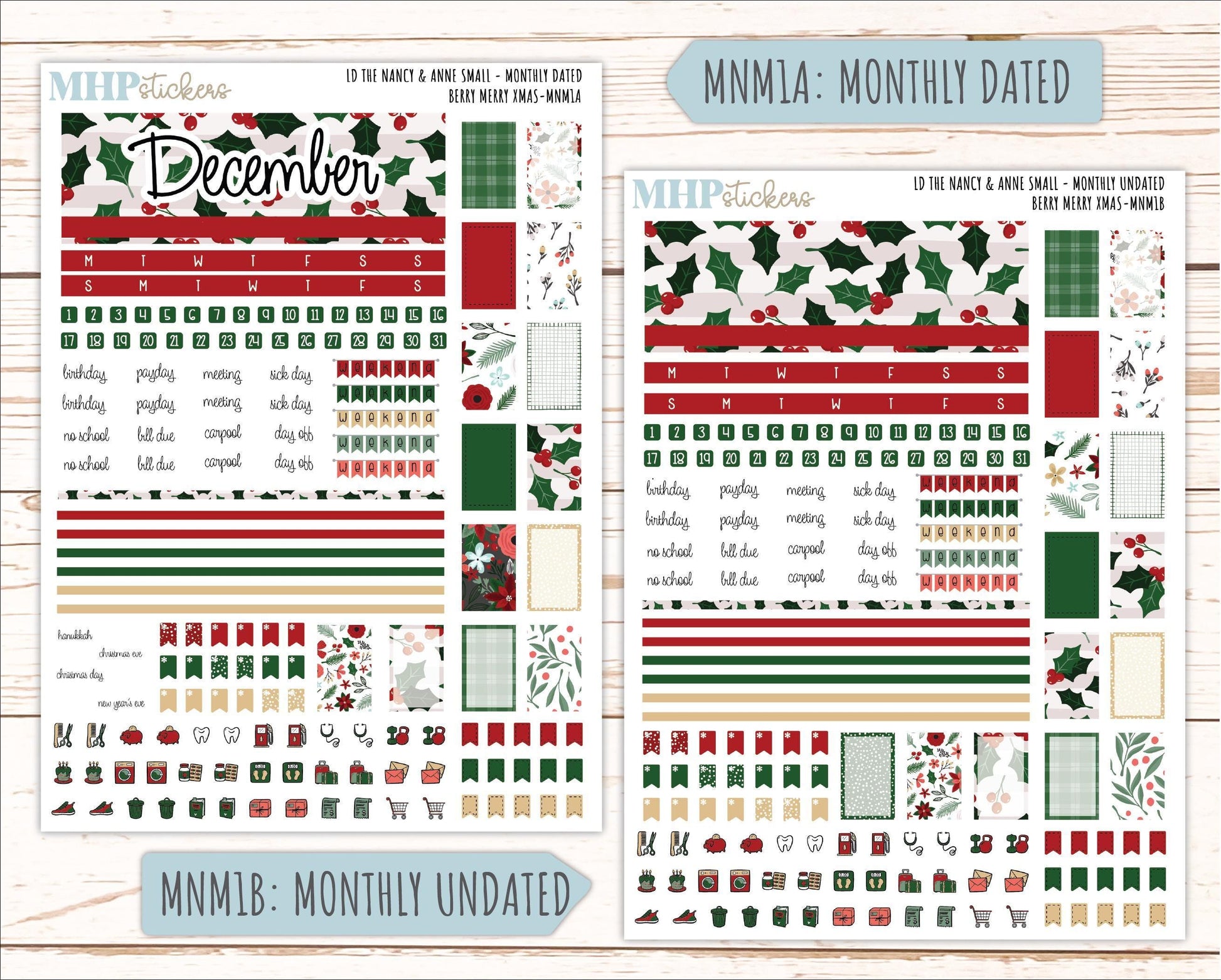 DECEMBER 2025 Stickers for Small Nancy & Anne Laurel Denise Planners. (Formerly Mini Planner) "Berry Merry Xmas" || MN