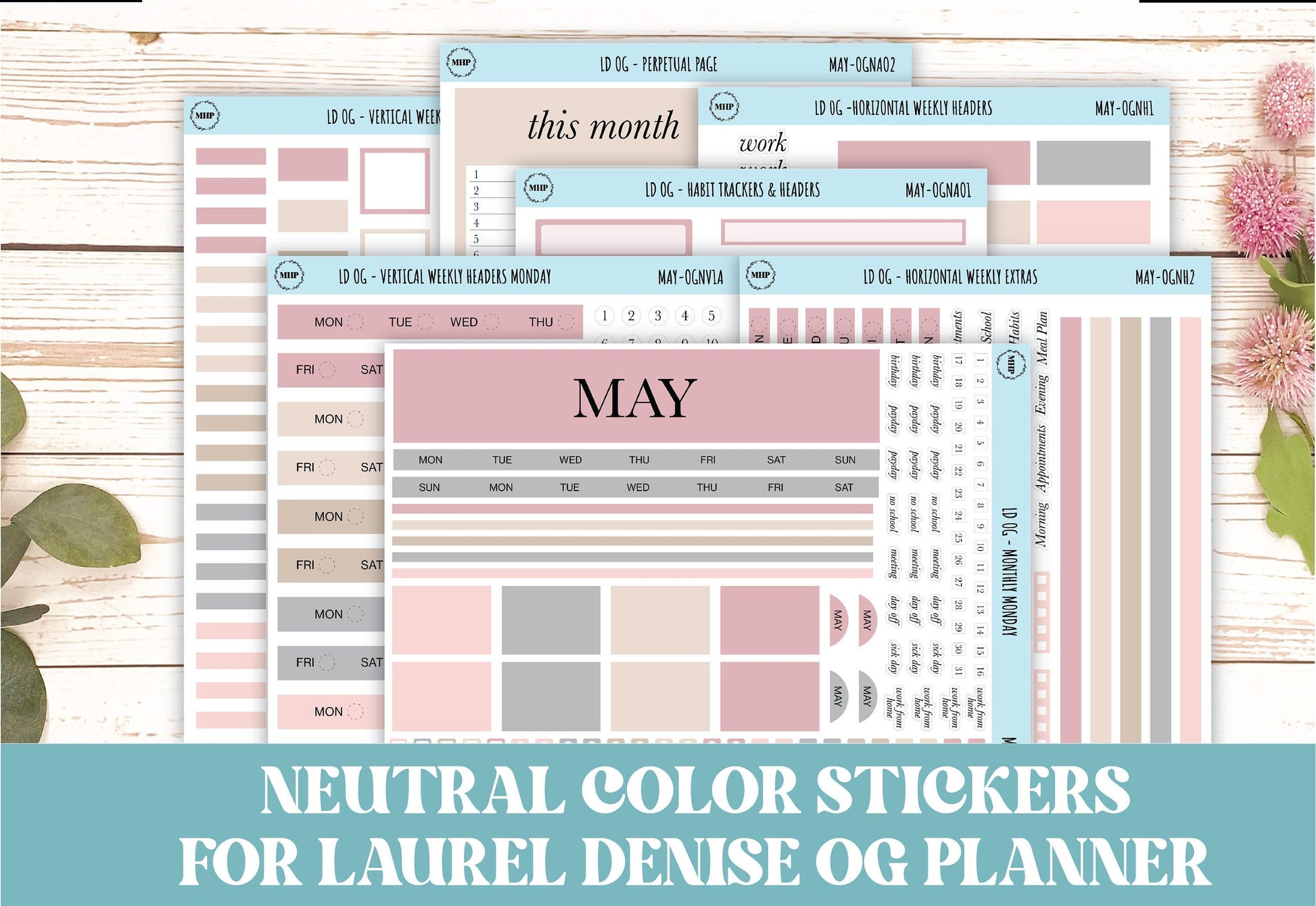 Neutral Color Stickers for Large size Horizontal & Vertical Laurel Denise Planner. (Formerly Original or Standar Size) MAY || OGNMAY