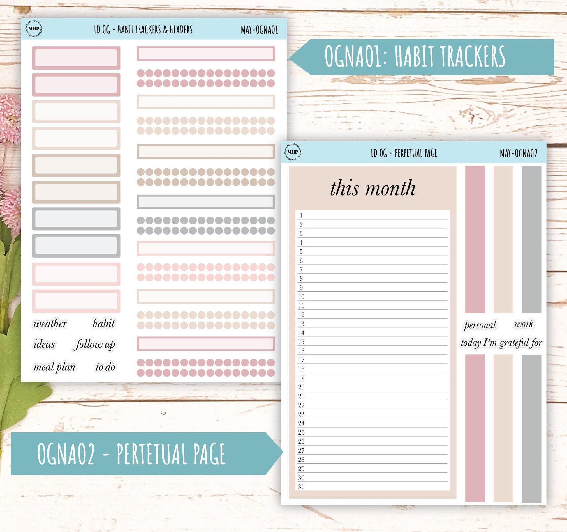 Neutral Color Stickers for Large size Horizontal & Vertical Laurel Denise Planner. (Formerly Original or Standar Size) MAY || OGNMAY