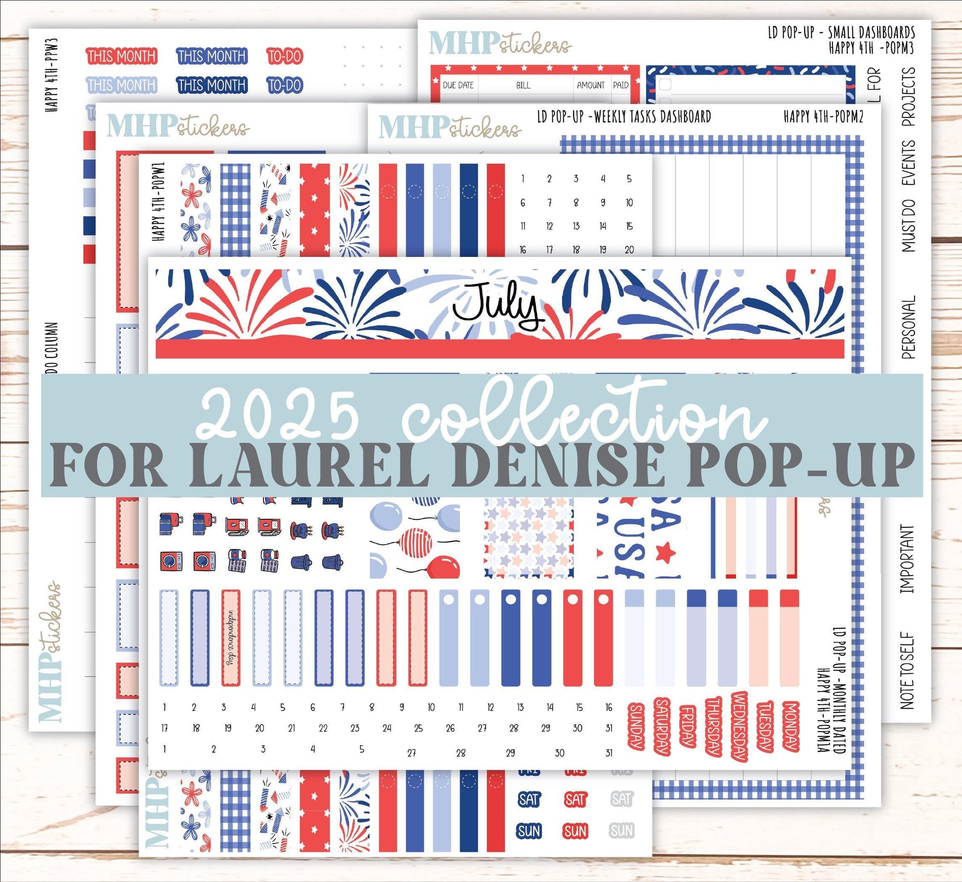 July 2025 Stickers for The Jo Laurel Denise Planner (Formerly Pop-Up Planner) "Happy 4th" || POPH4