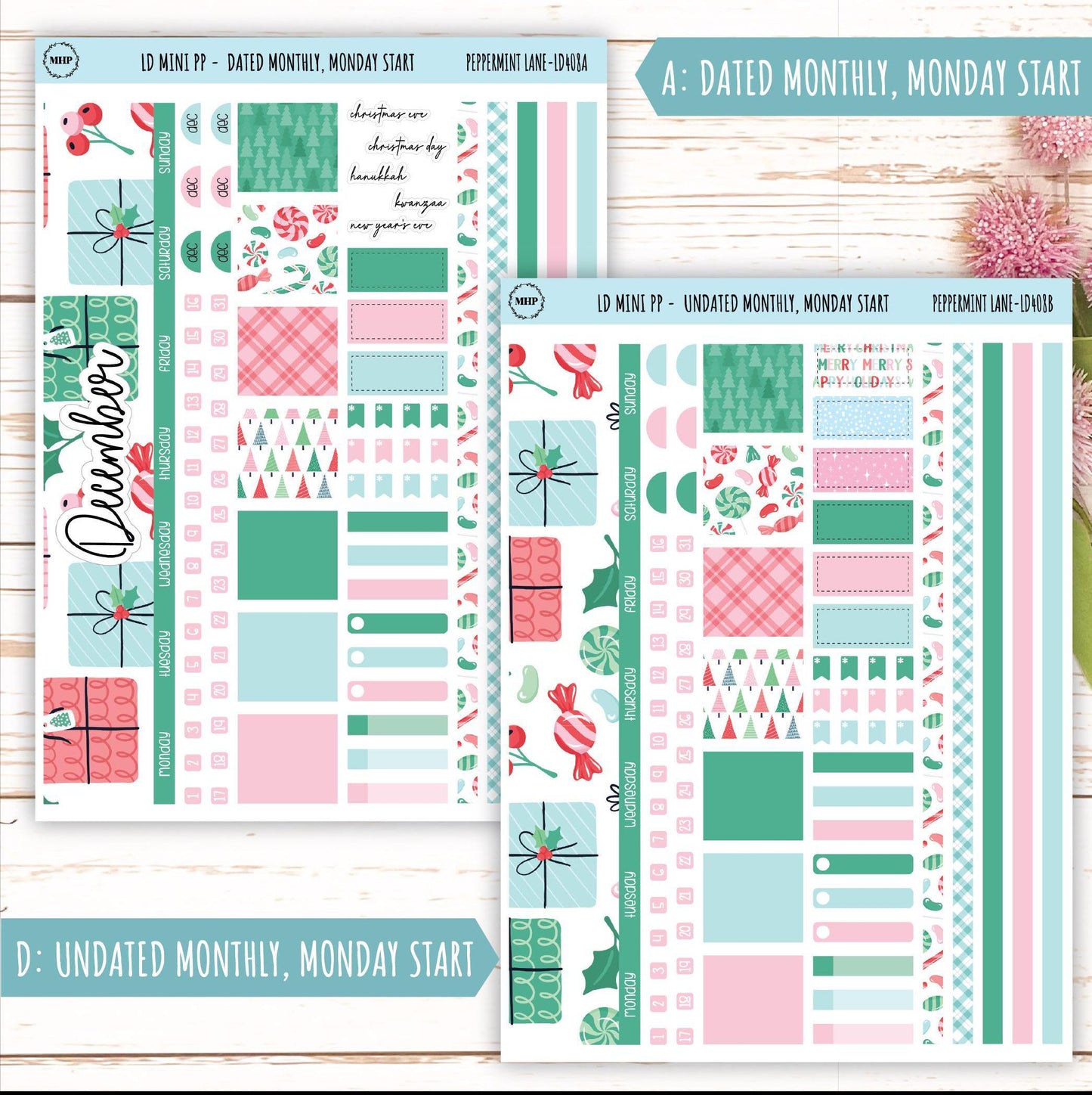 DECEMBER Stickers for The Rose Small Laurel Denise Planner (Formerly Mini Project Planner) "Peppermint Lane" || LD408PL
